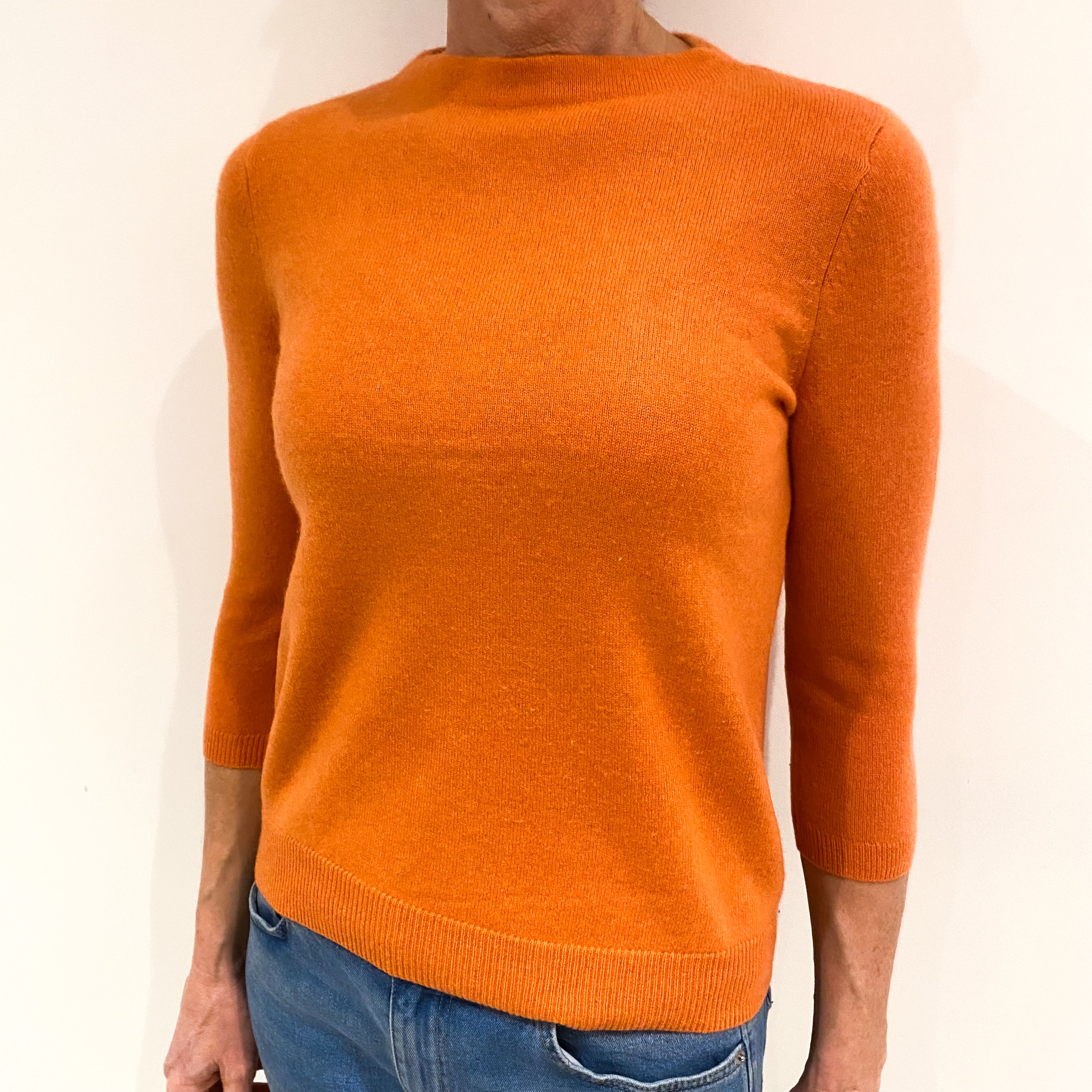 Pumpkin Orange 3/4 Sleeve Cashmere Crew Neck Jumper Small
