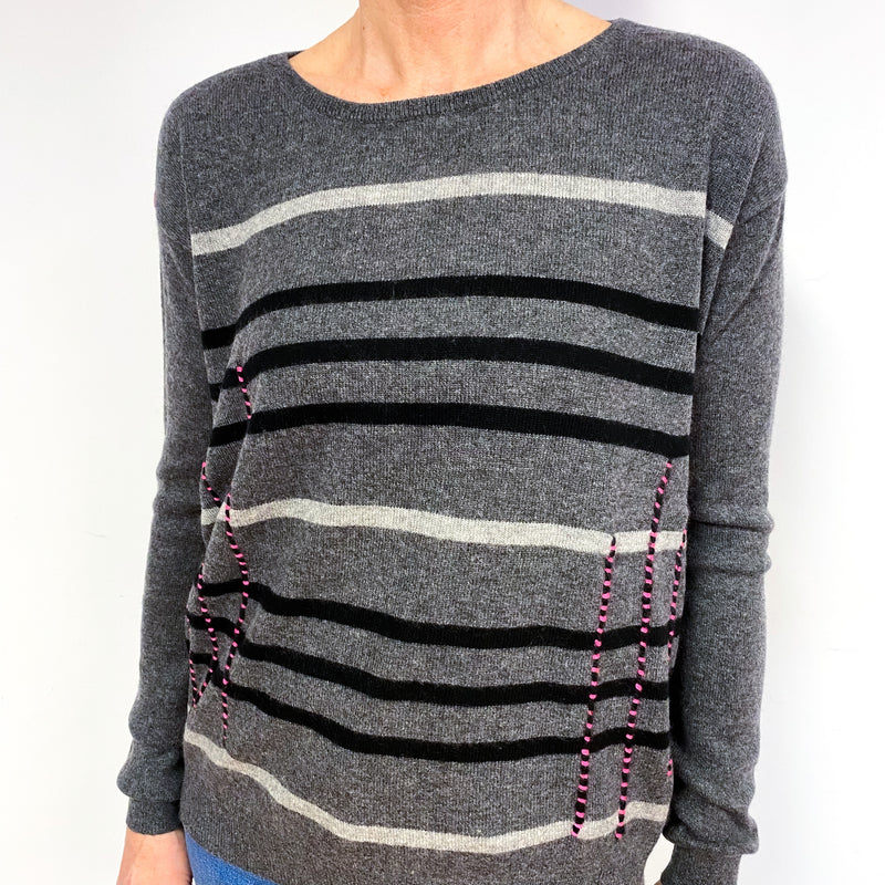 Slate Grey And Black Stripe Cashmere Crew Neck Jumper Medium