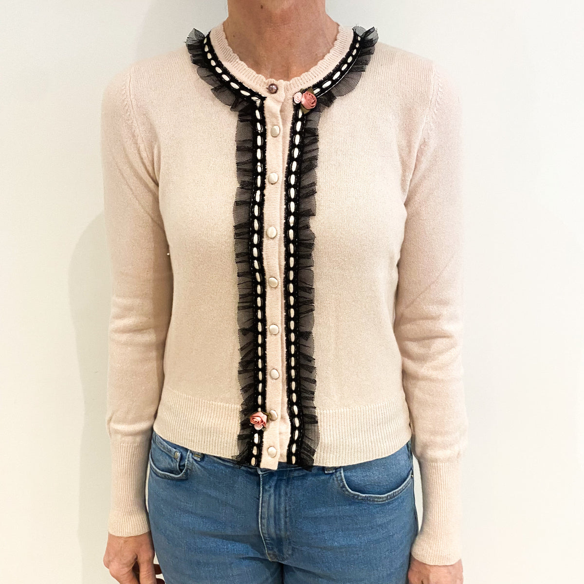 Pale Pink Cashmere Crew Neck Cardigan Small