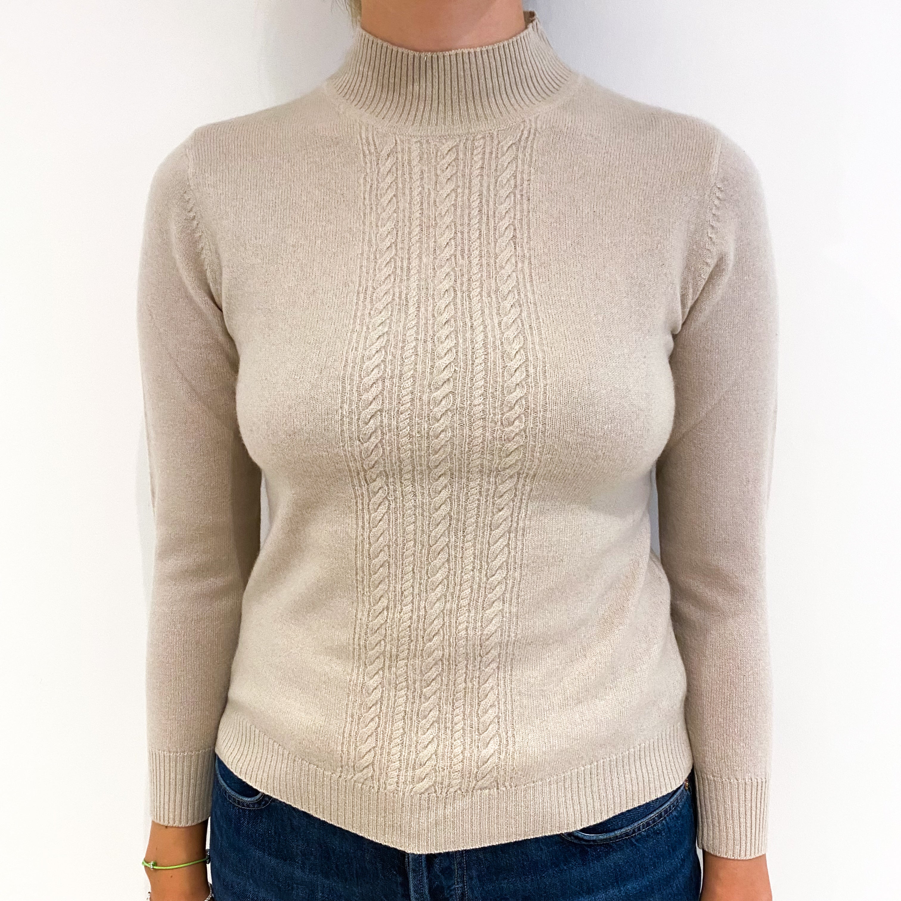 Oatmeal Beige Cable Detail Cashmere Turtle Neck Jumper Small