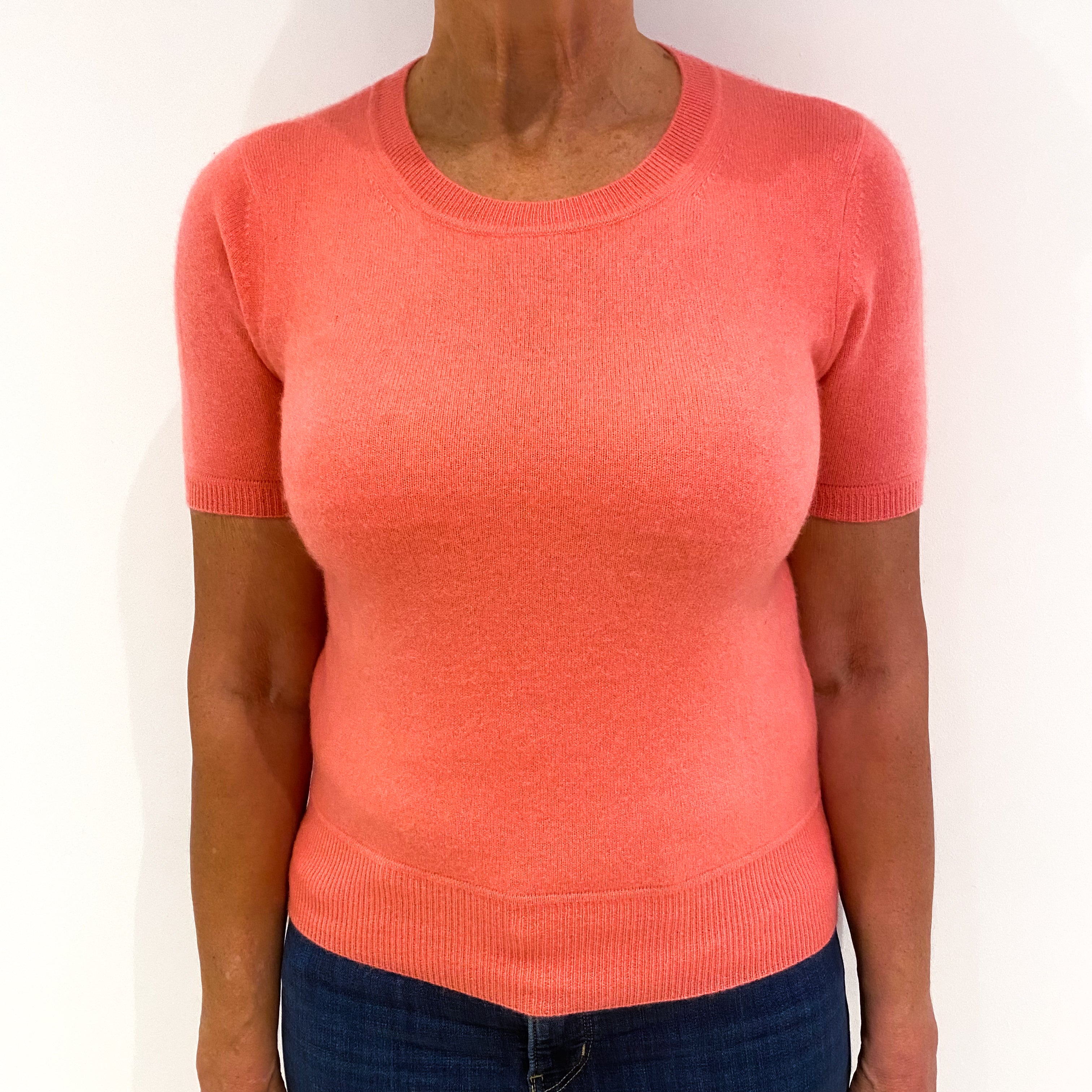 Coral Pink Short Sleeved Cashmere Crew Neck Jumper Medium