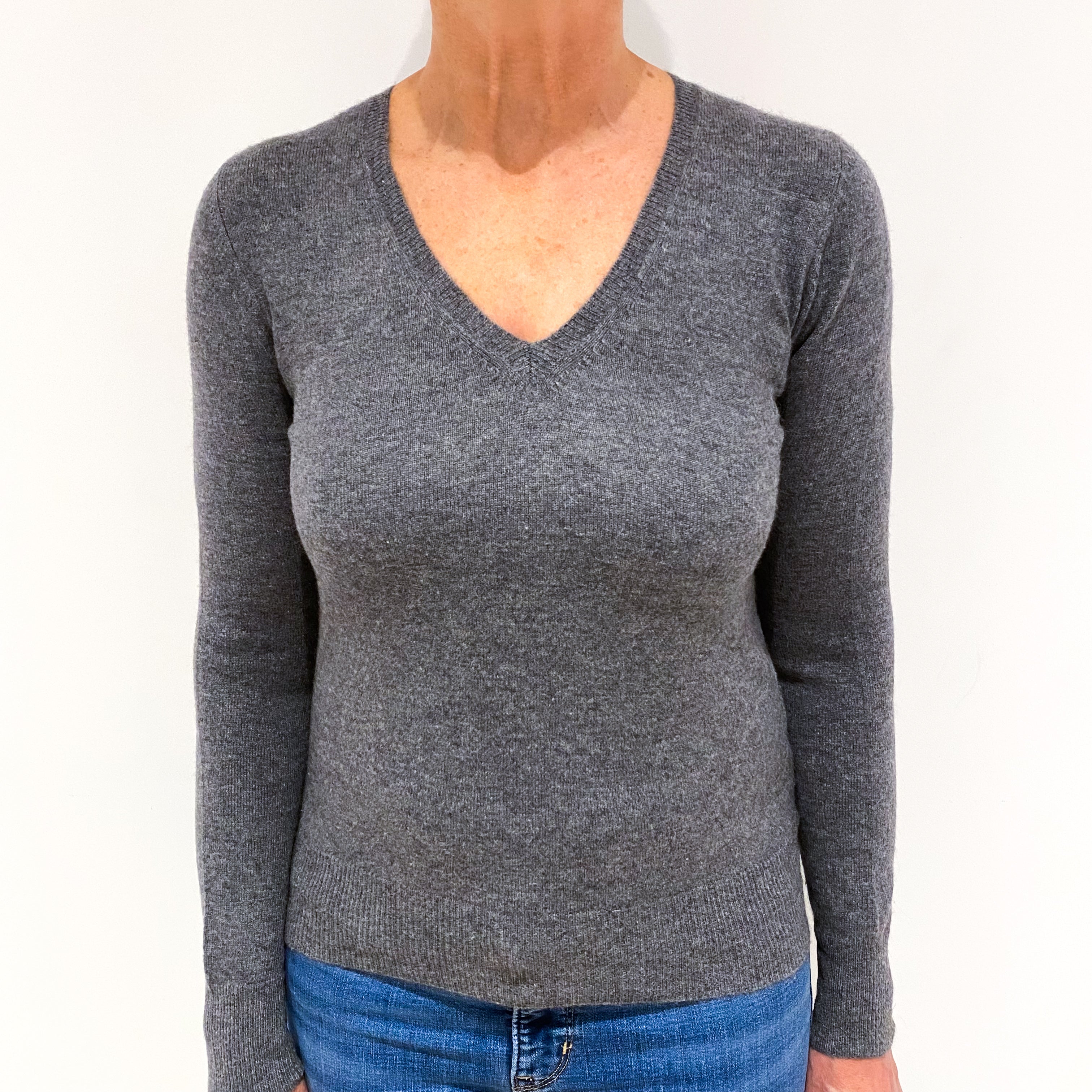 Ash Grey Cashmere V Neck Jumper Medium