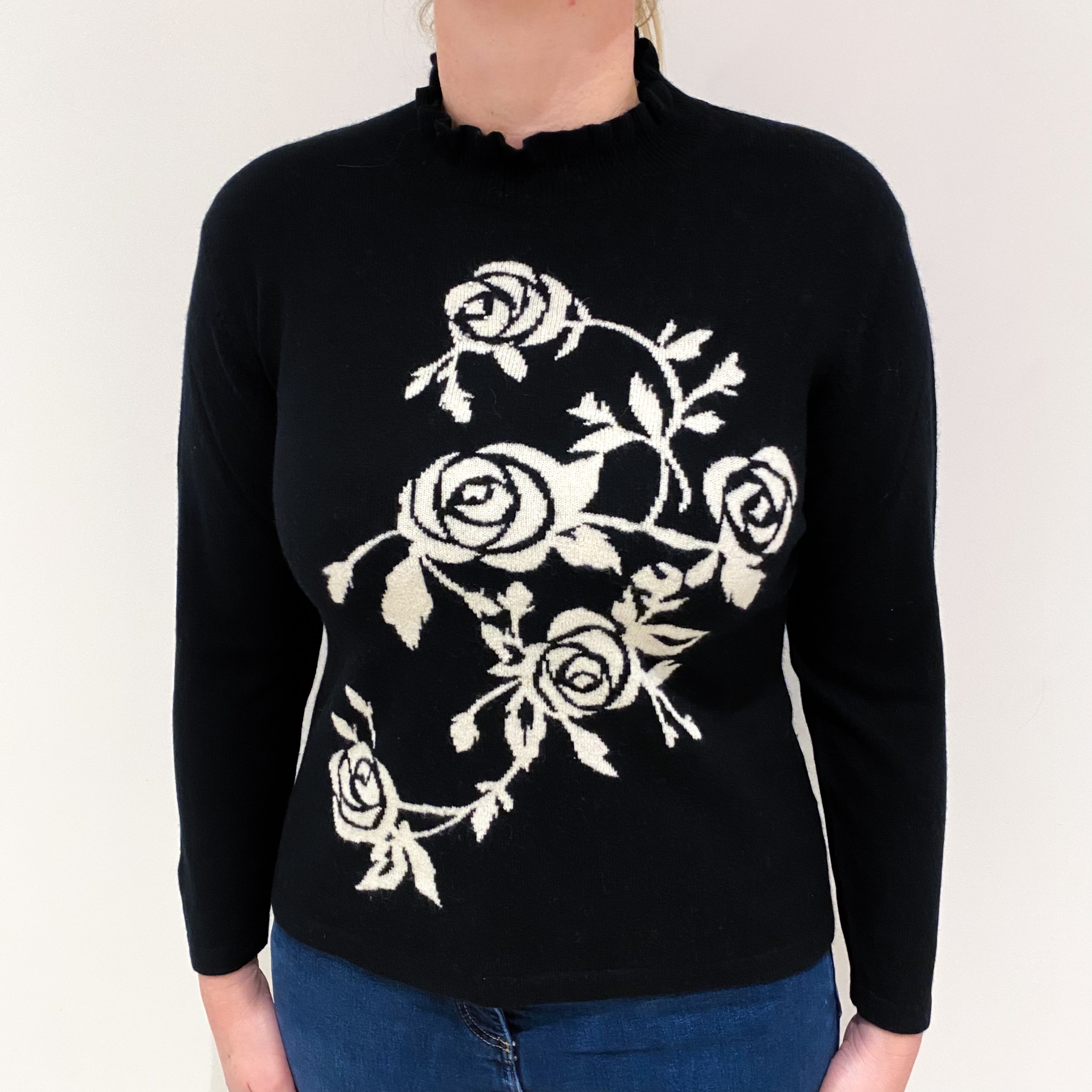 Black Cashmere Crew Frill Neck Jumper with Cream Rose Design Large