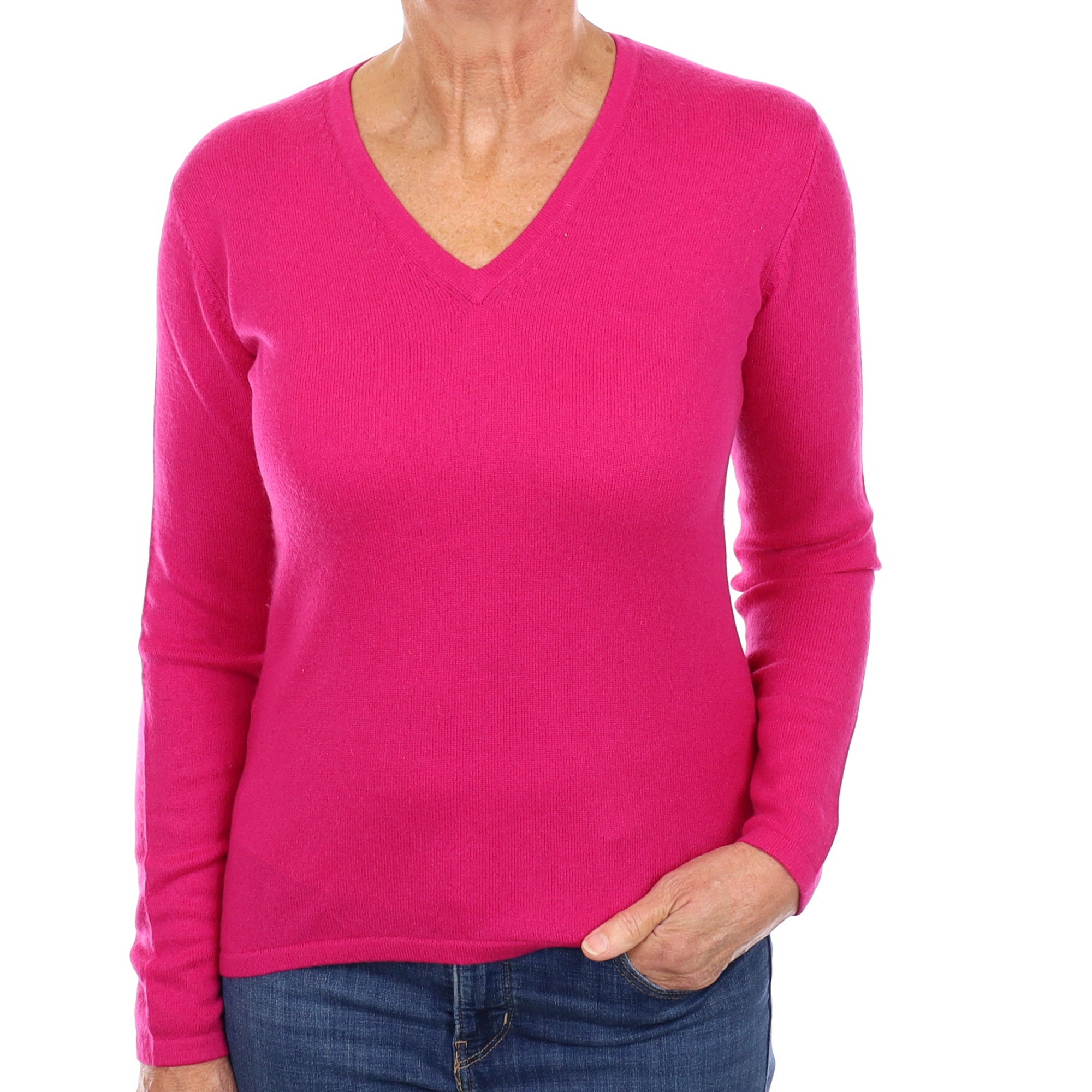 Fuchsia Pink Cashmere V Neck Jumper Medium