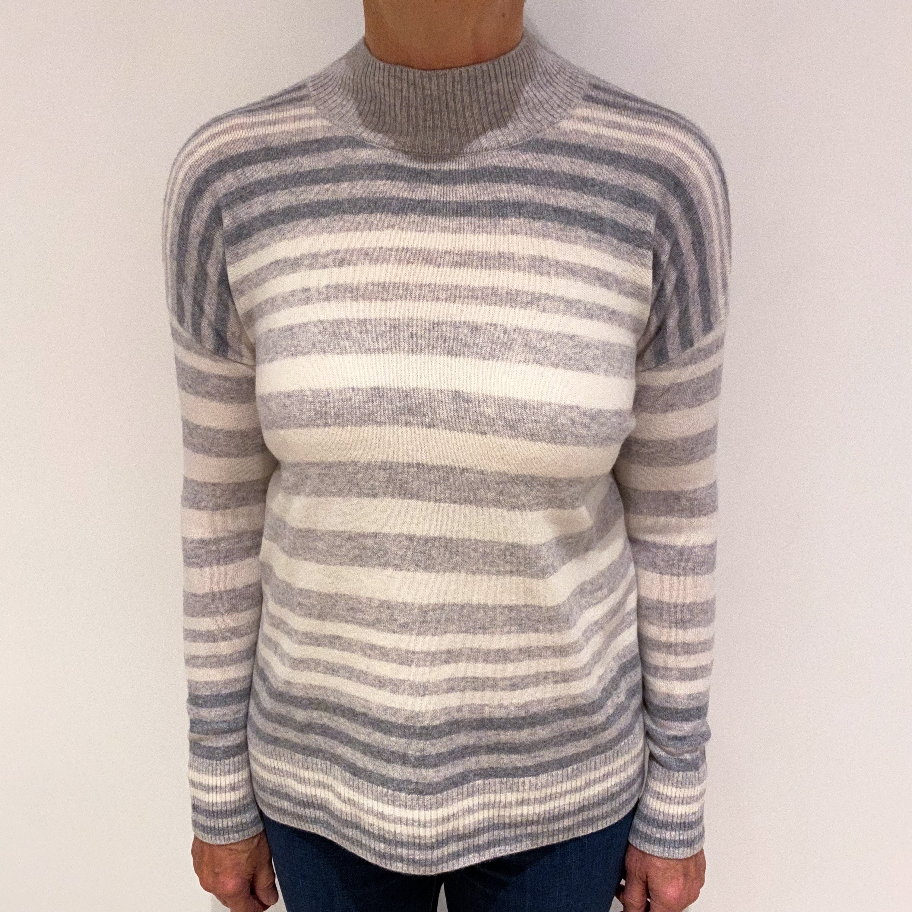 Ash Grey and Winter White Striped Cashmere Polo Neck Jumper Medium