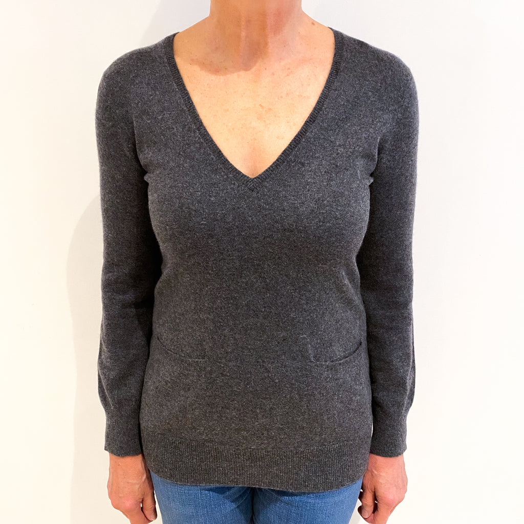 Slate Grey Cashmere V Neck Longline Jumper With Pockets Medium