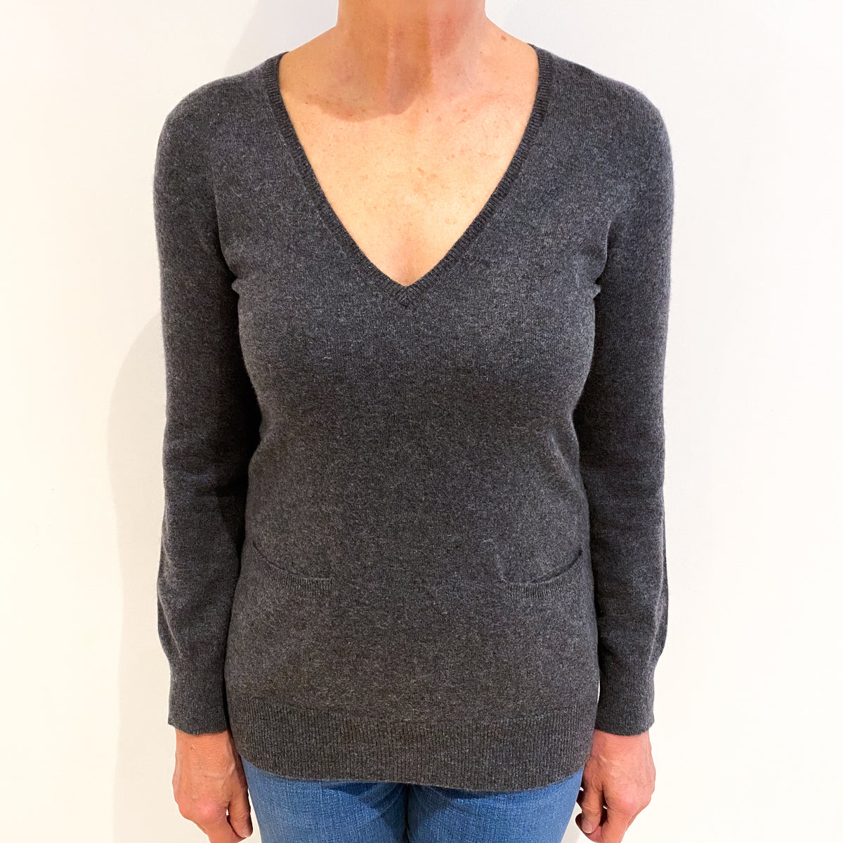 Slate Grey Cashmere V Neck Longline Jumper With Pockets Medium