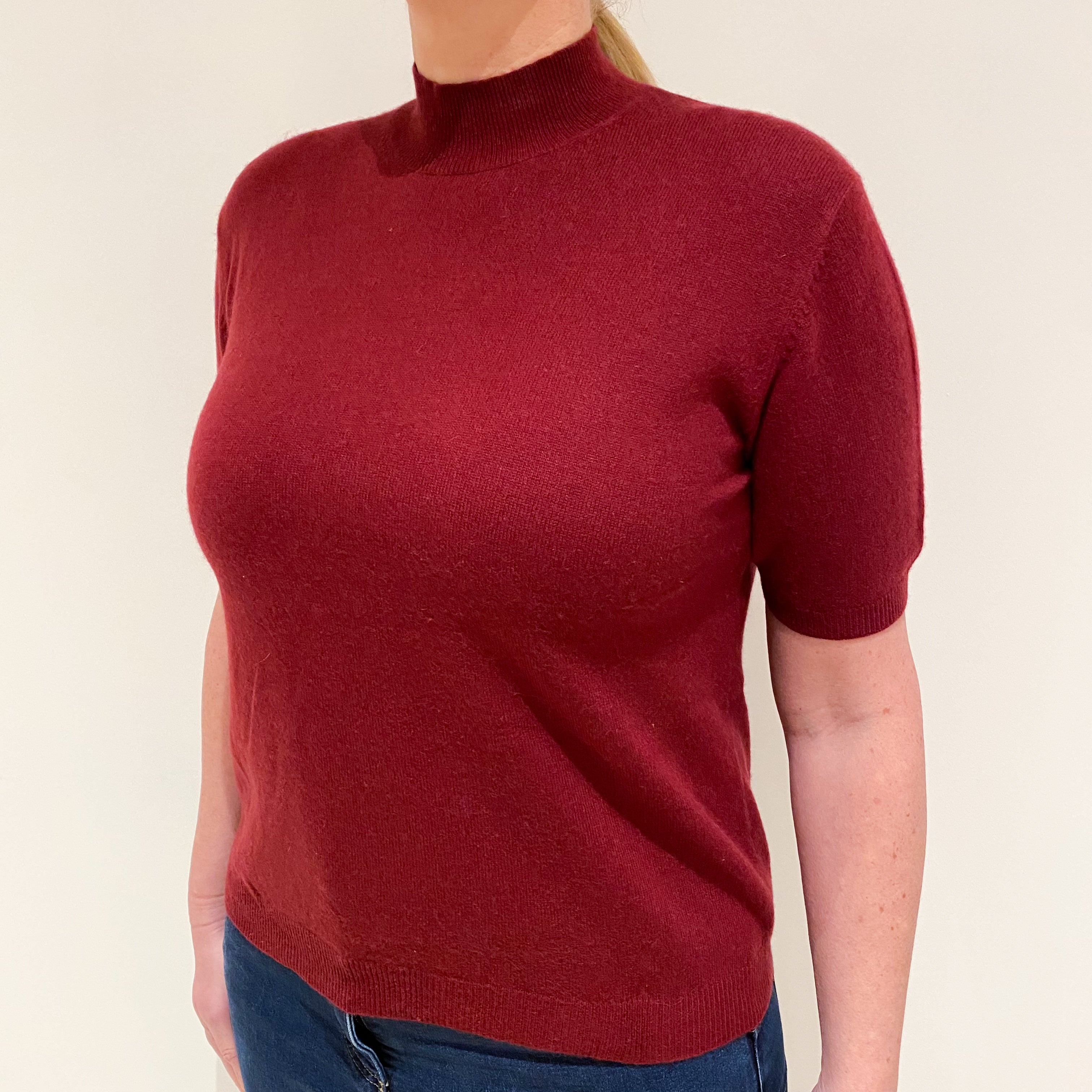 Burgundy Red Cashmere Short Sleeved Turtleneck Jumper Large