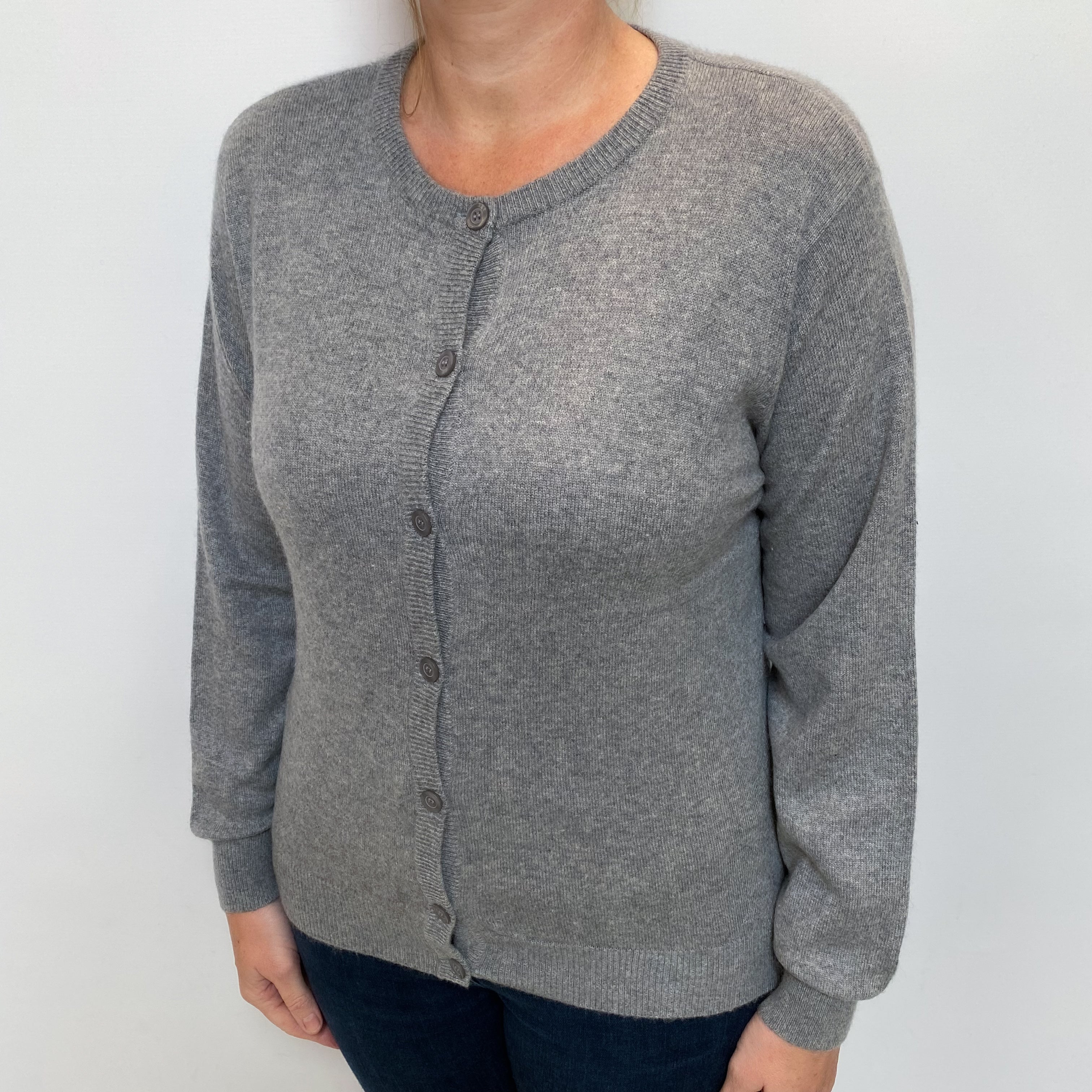 Ash Grey Cashmere Crew Neck Cardigan Large