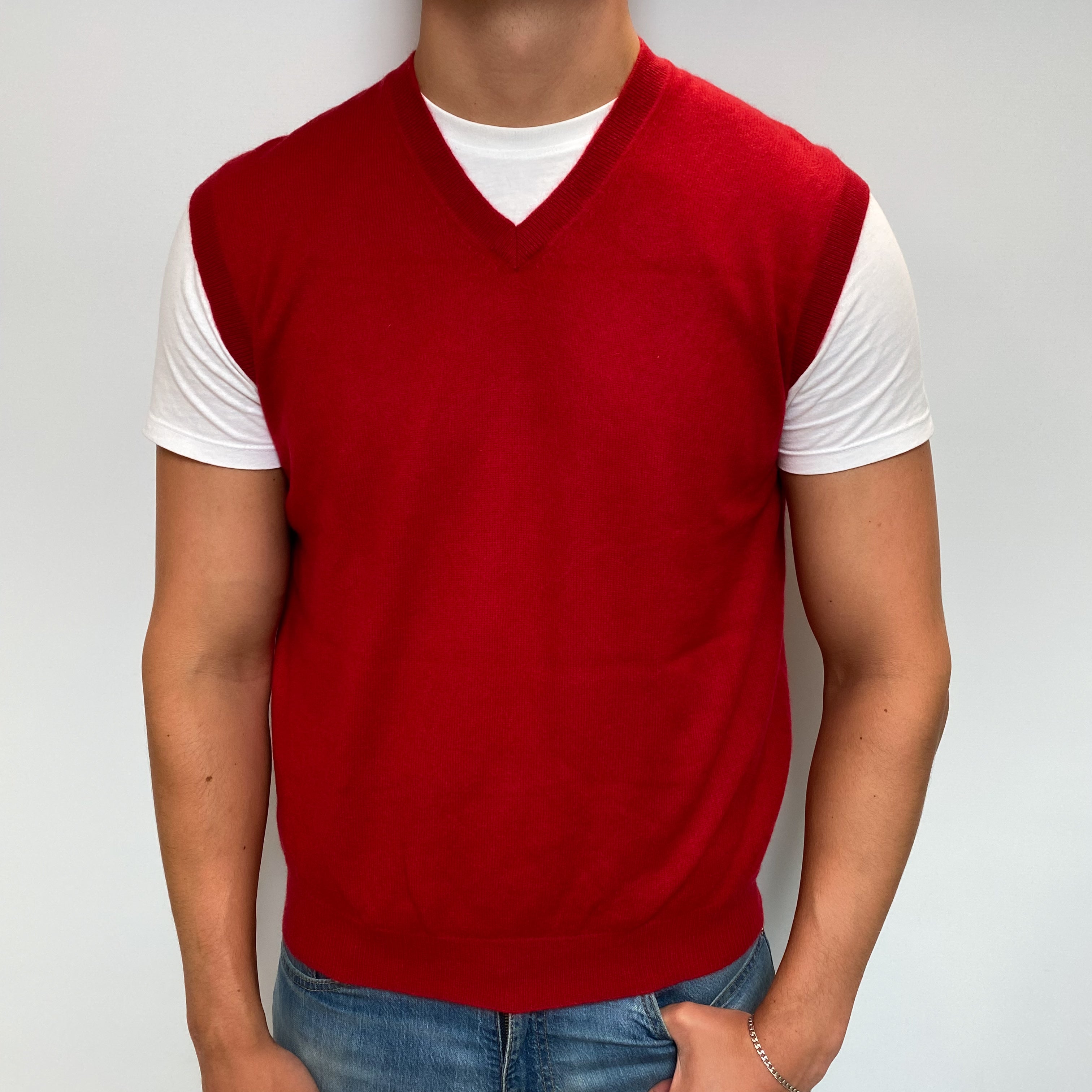 Men's Scarlet Red Cashmere V Neck Sleeveless Jumper XL