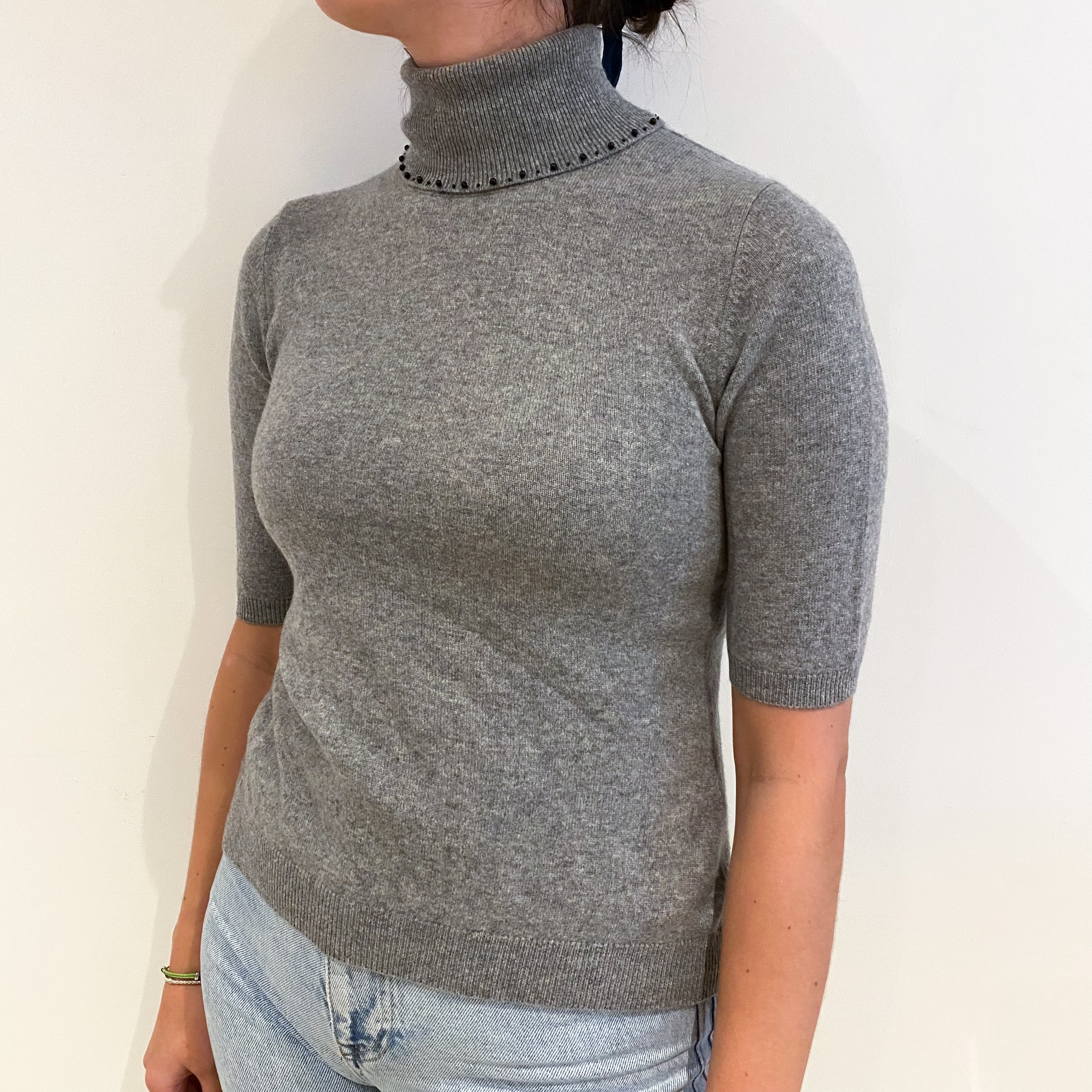 Smoke Grey With Beading Cashmere Polo Neck Short Sleeved Jumper Small