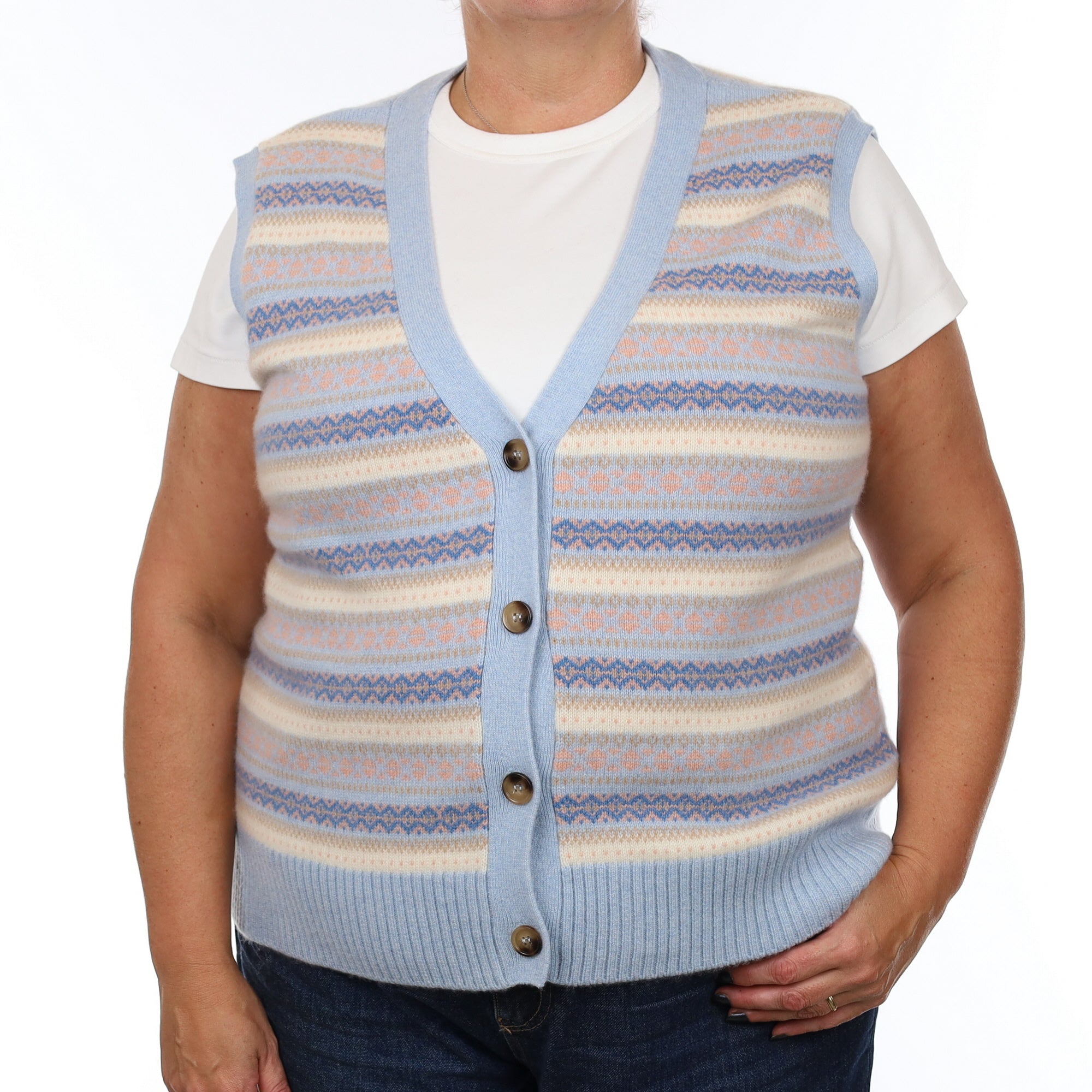 Brand New Baby Blue and Shell Pink Fair Isle Luxury Cashmere V Neck Waistcoat Extra Large UK 20-22