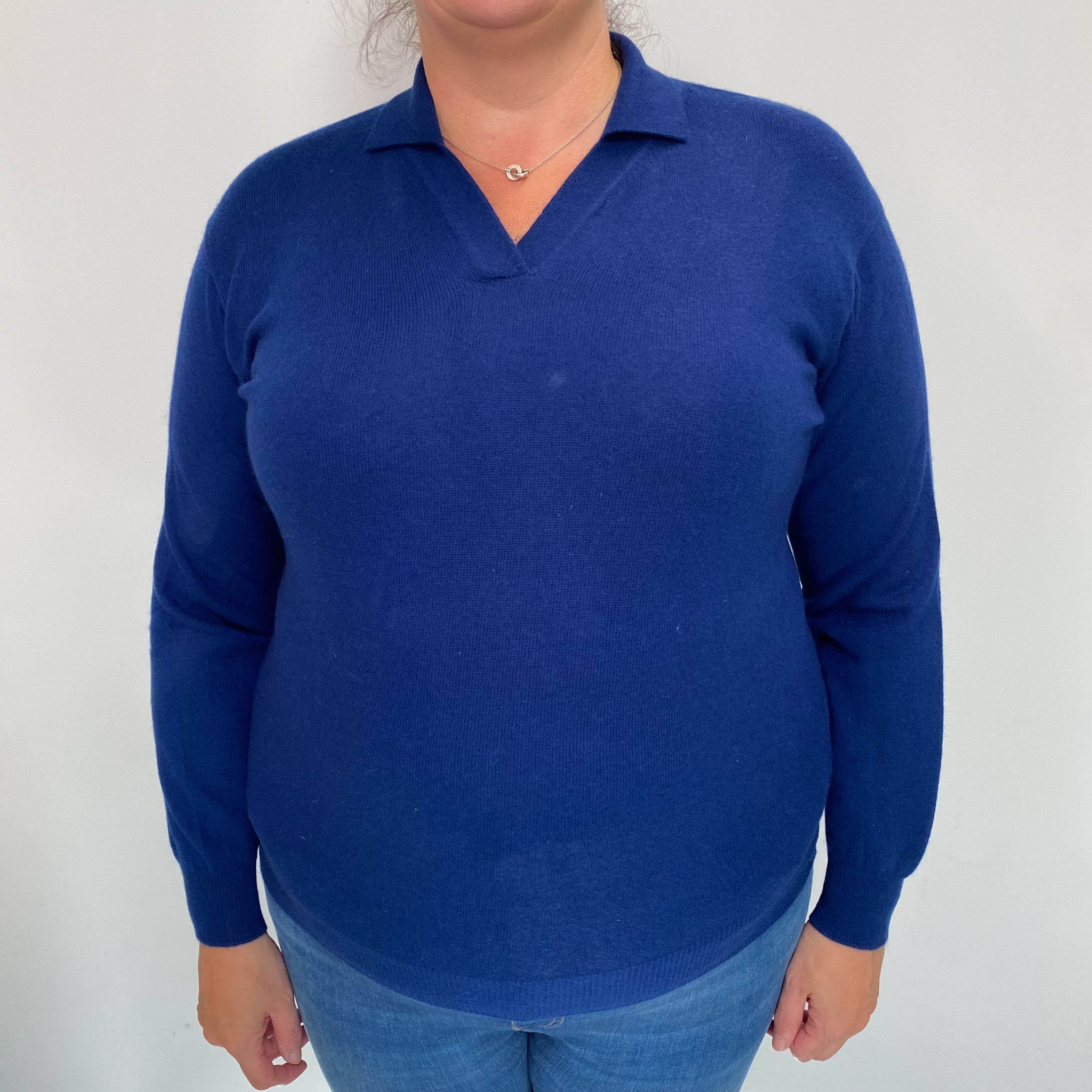 Navy Blue Cashmere Collared V Neck Jumper Extra Large