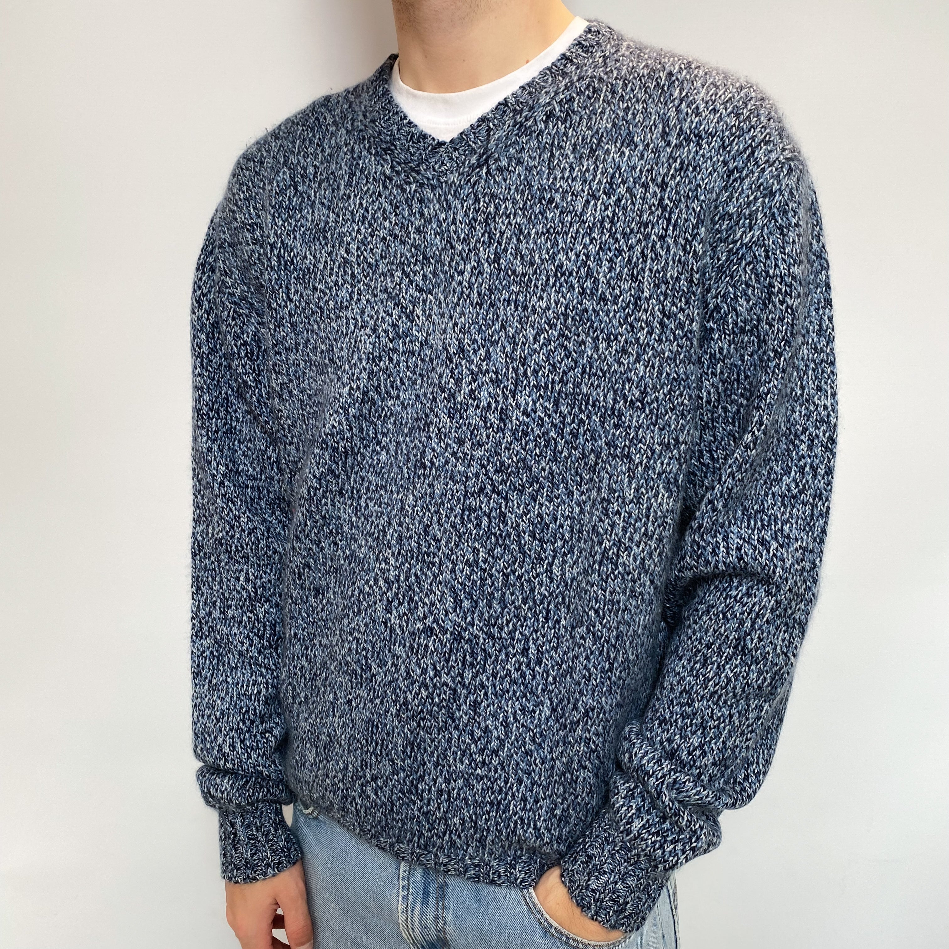 Men's Chunky Blue Marl Cashmere V Neck Jumper Large