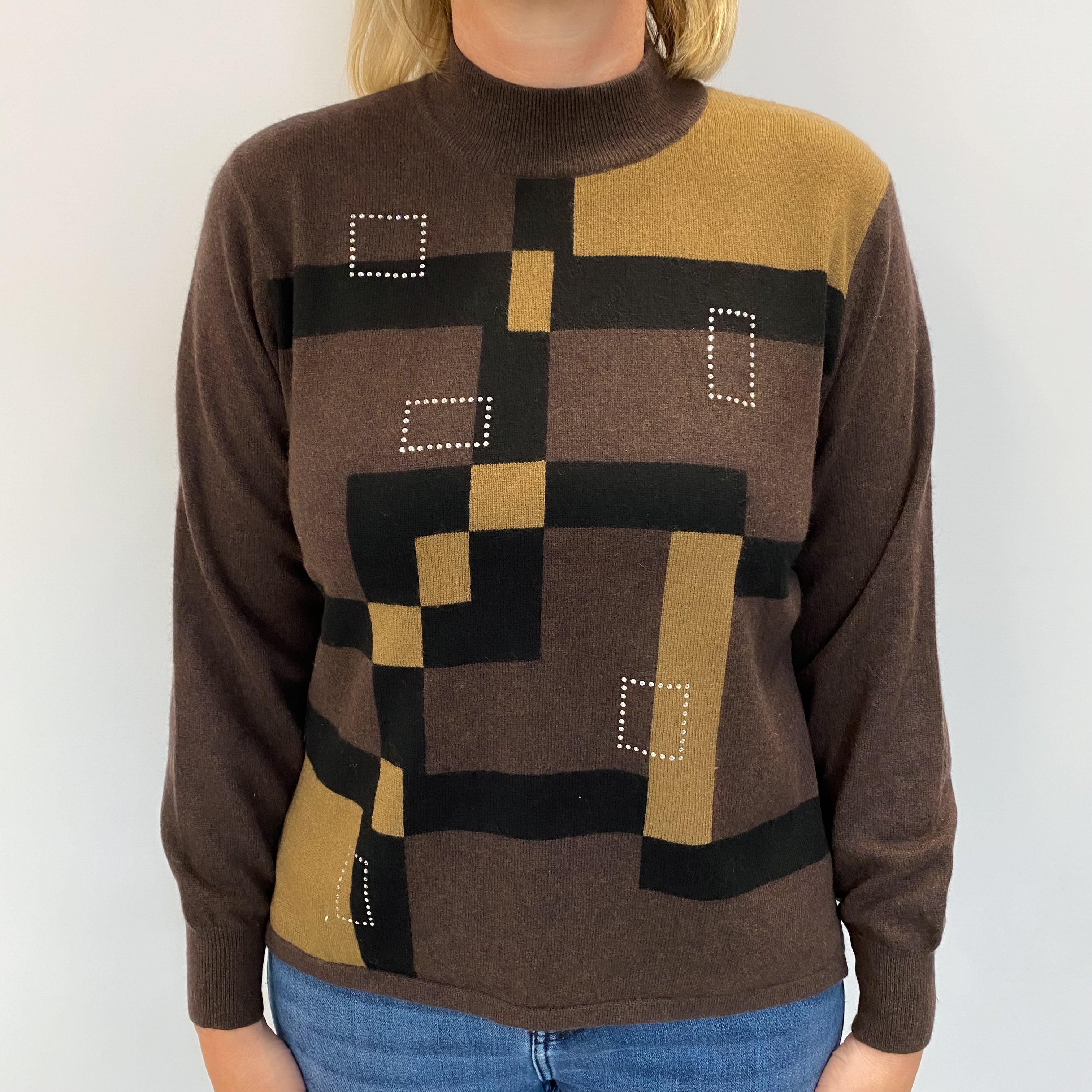 Chocolate Brown Patterned Cashmere Turtle Neck Jumper Large