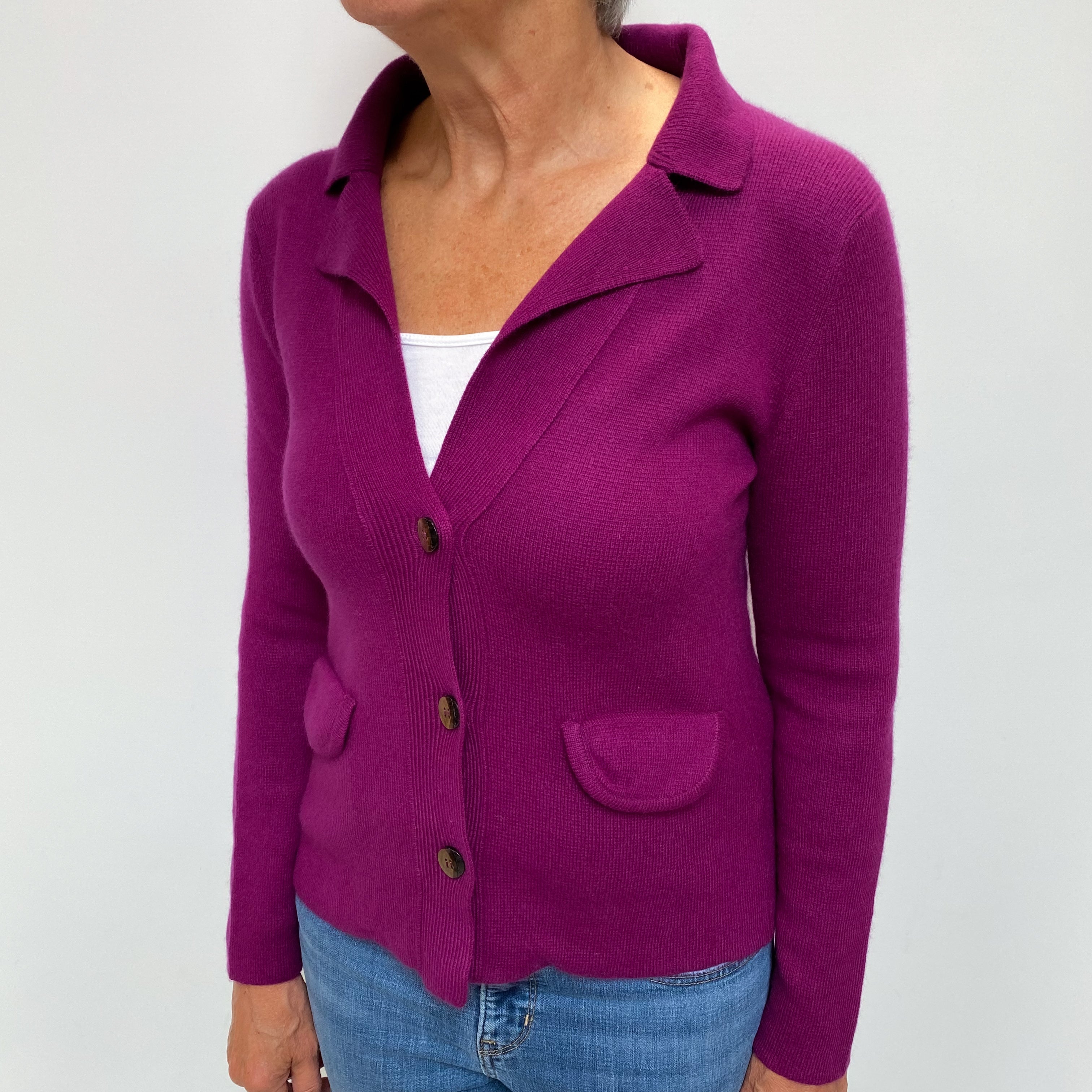Magenta Purple Cashmere Collared with Pockets Cardigan Medium