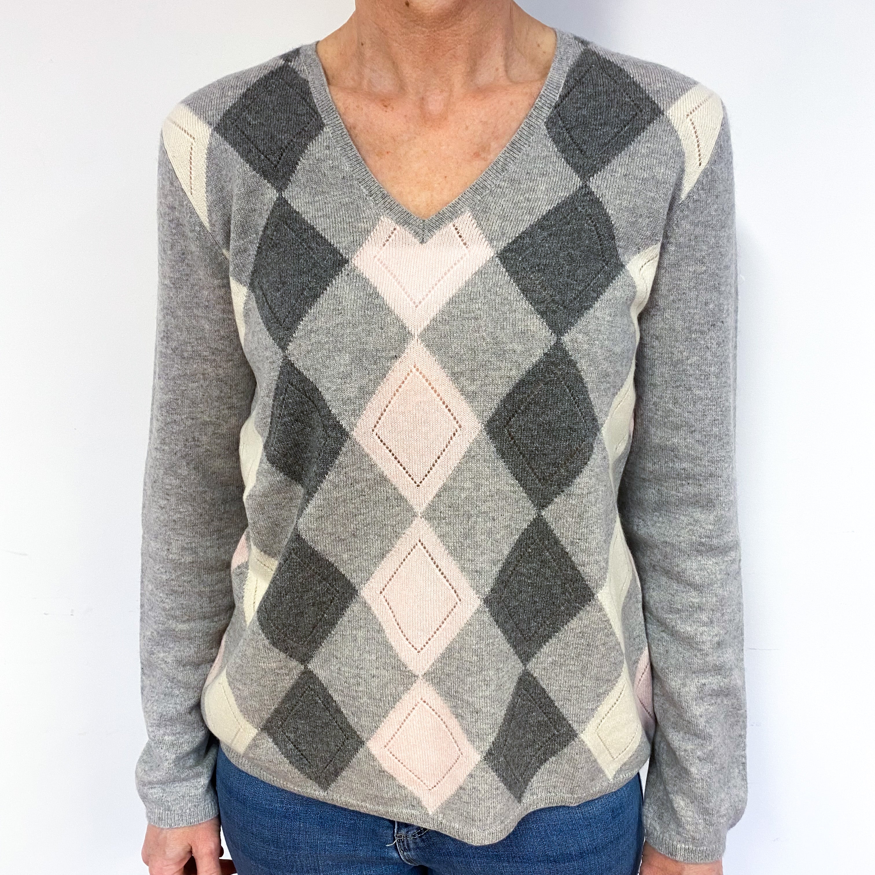 Smoke Grey Patterned Cashmere V-Neck Jumper Medium