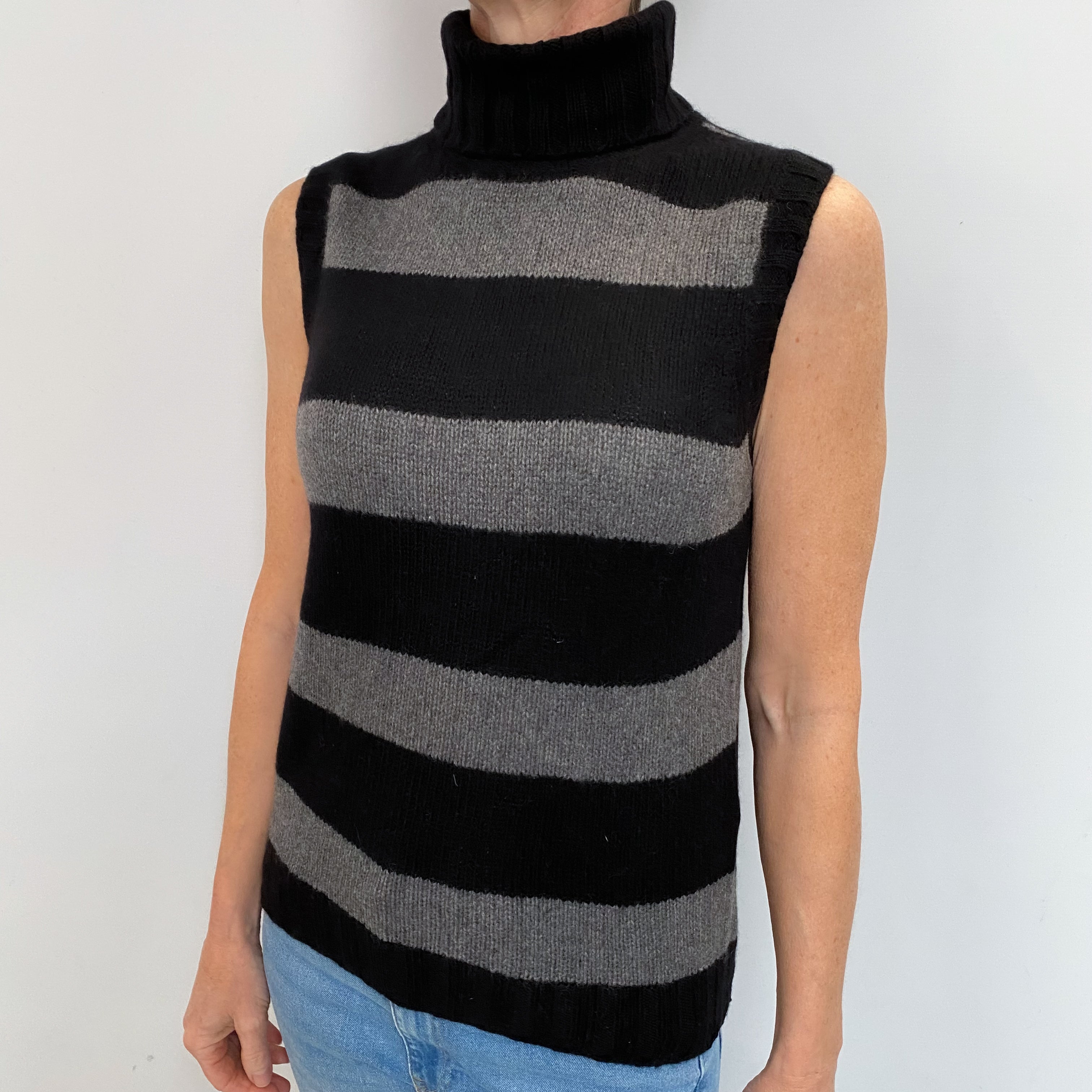 Black striped Cashmere Sleeveless Polo Neck Jumper Small