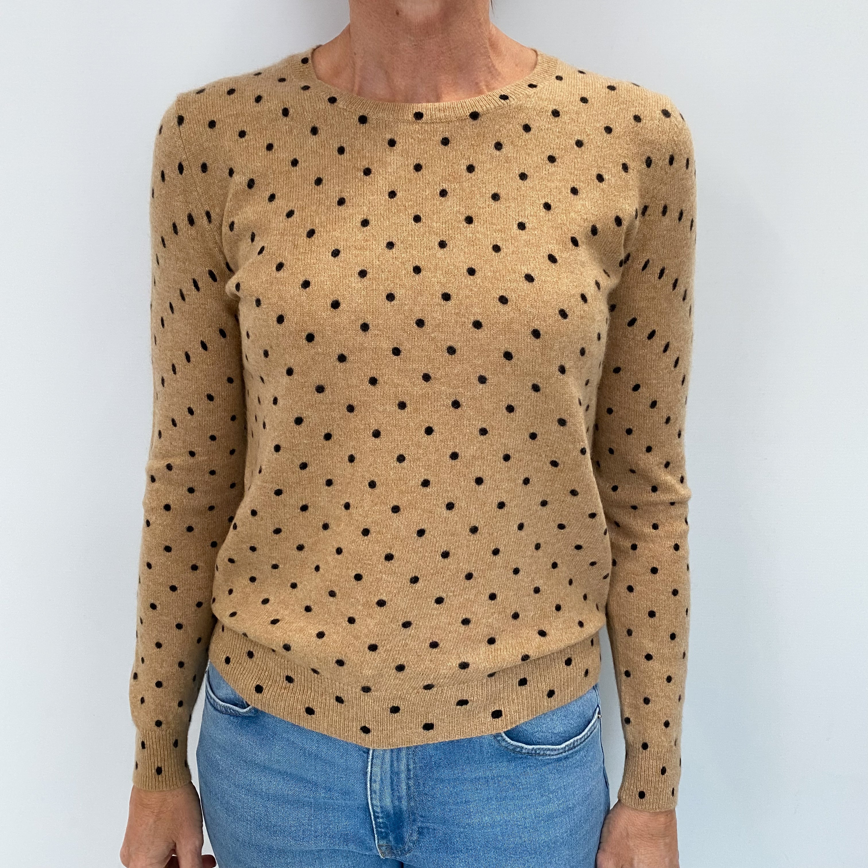 Camel Brown Spotty Cashmere Crew Neck Jumper Small