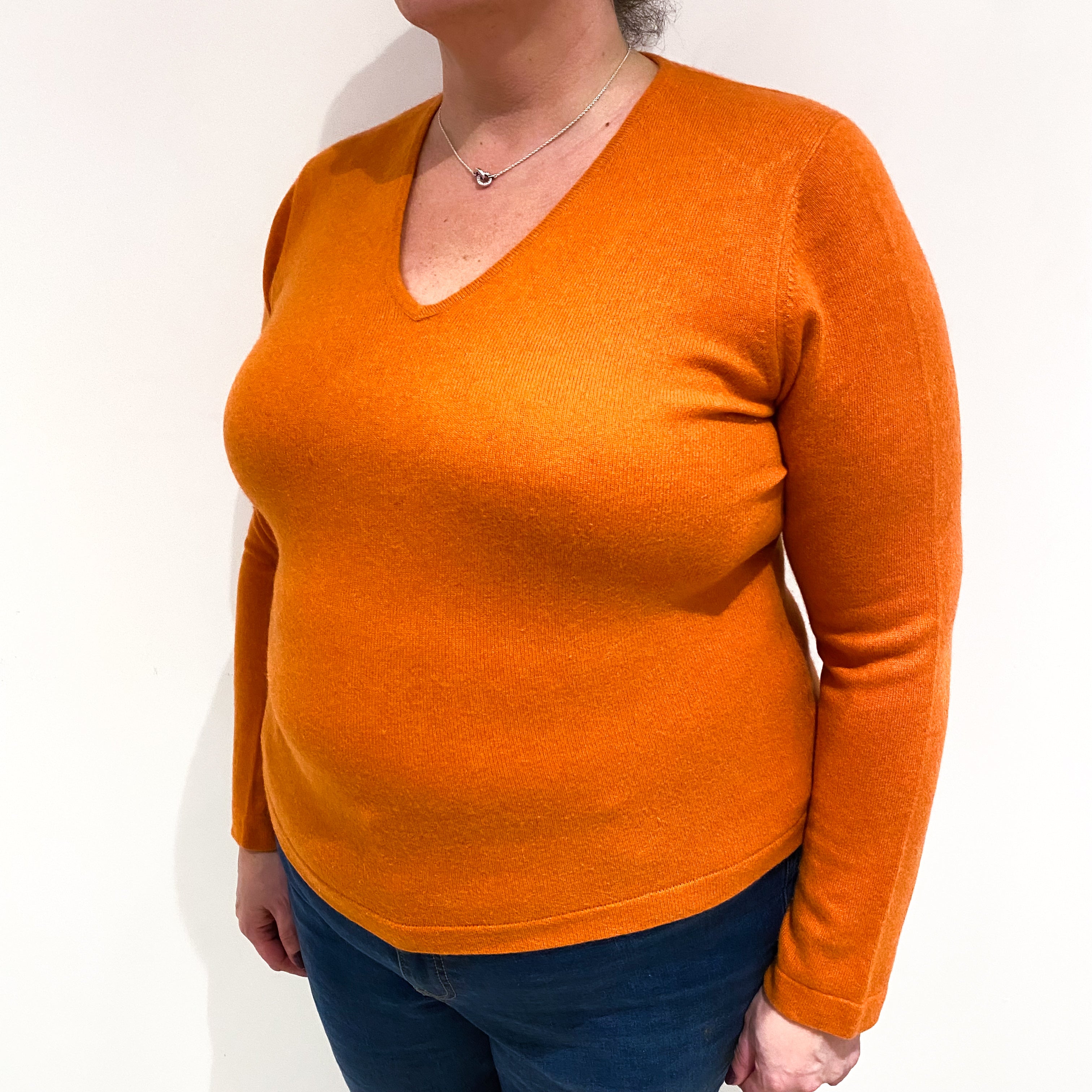 Pumpkin Orange Cashmere V Neck Jumper Extra Large