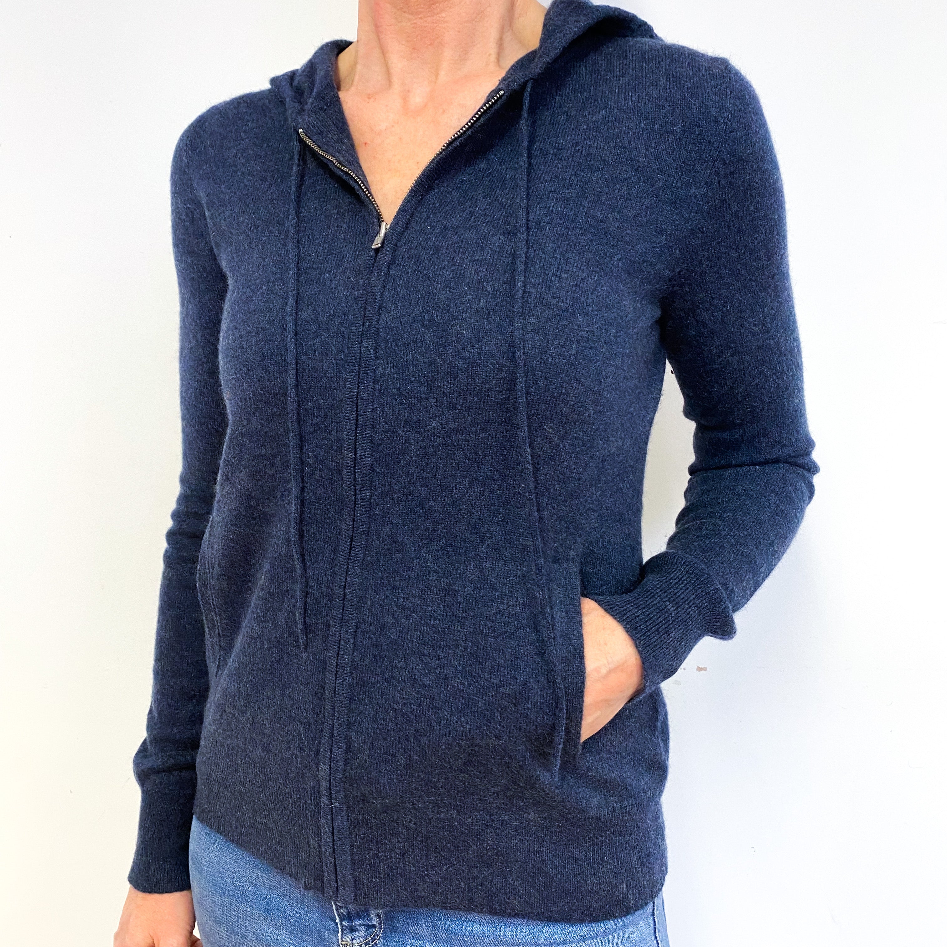 French Navy Blue Cashmere Zip Front Hoodie Medium