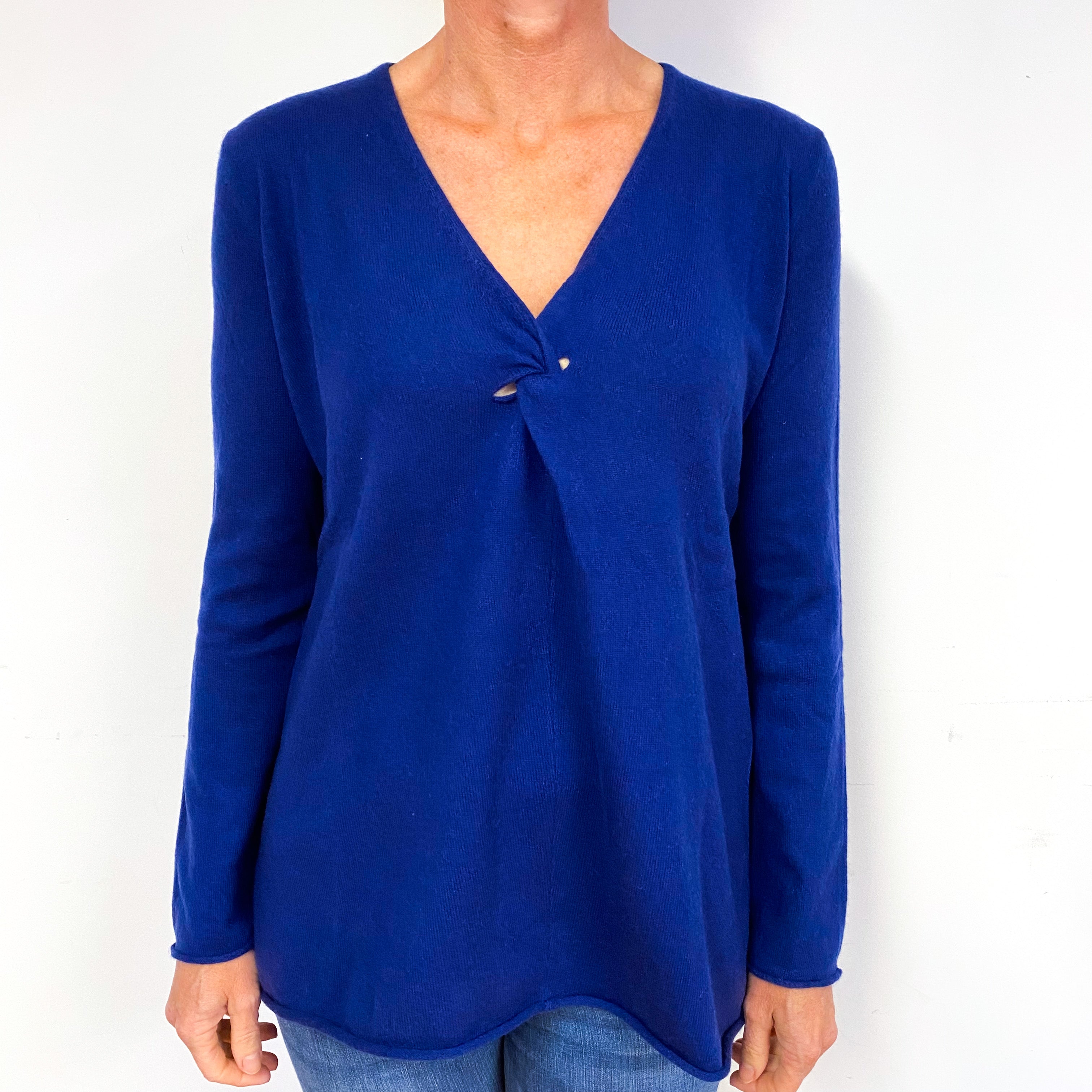 Royal Blue Cashmere Knotted Front V-Neck Tunic Jumper Medium