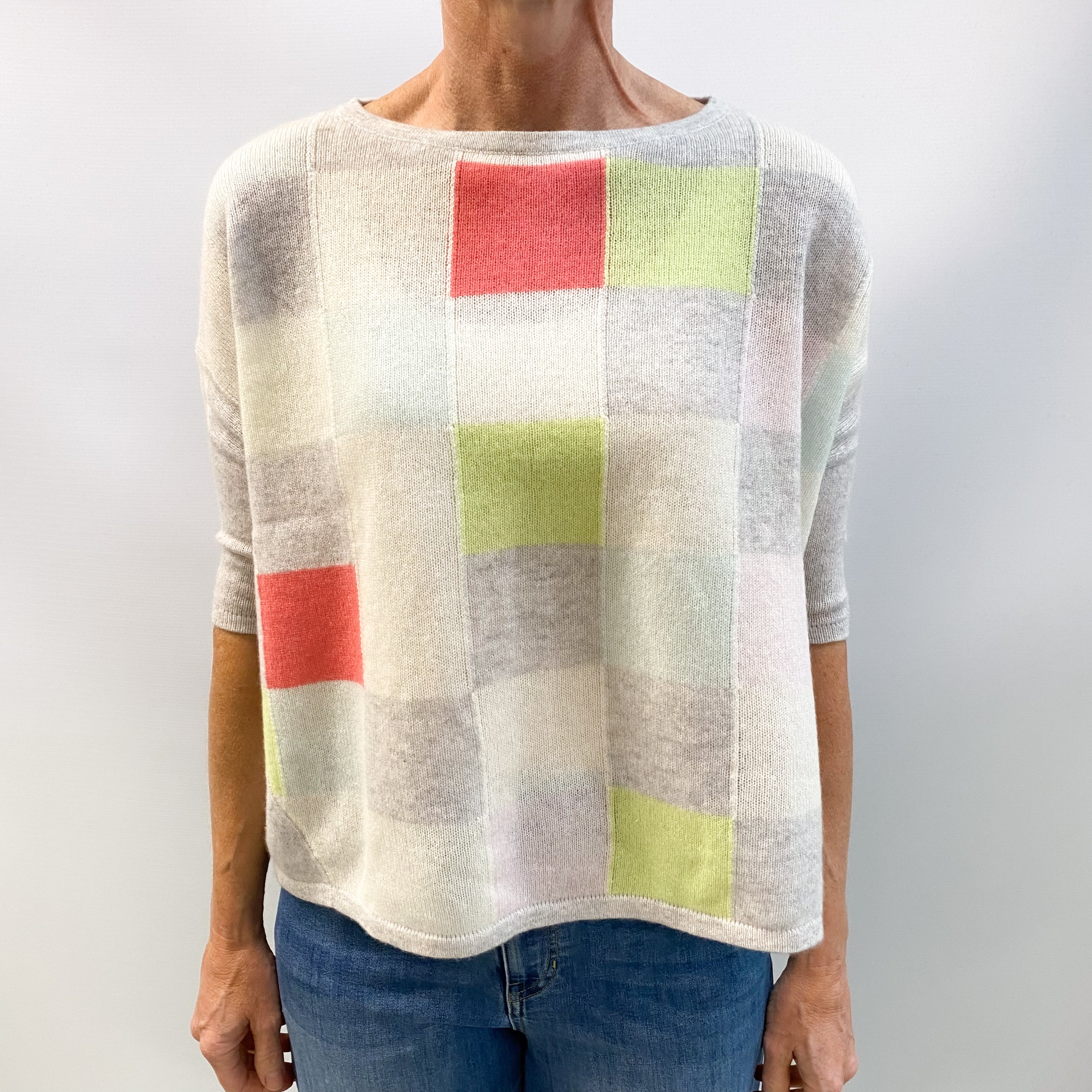 Frost Grey Colour Block Cashmere Crew Neck Short Sleeved Jumper Small