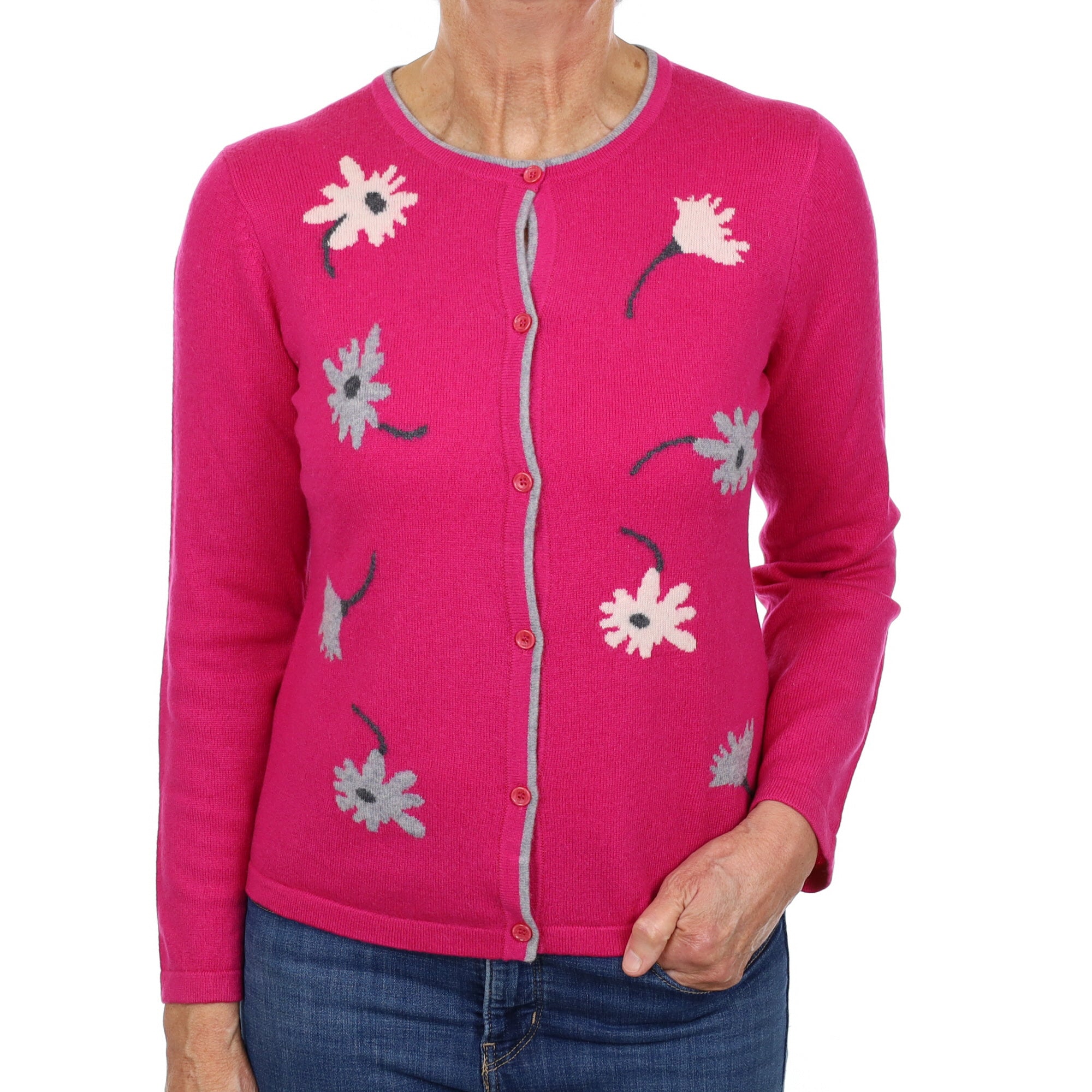 Fuchsia Pink Floral Cashmere Crew Neck Cardigan Medium