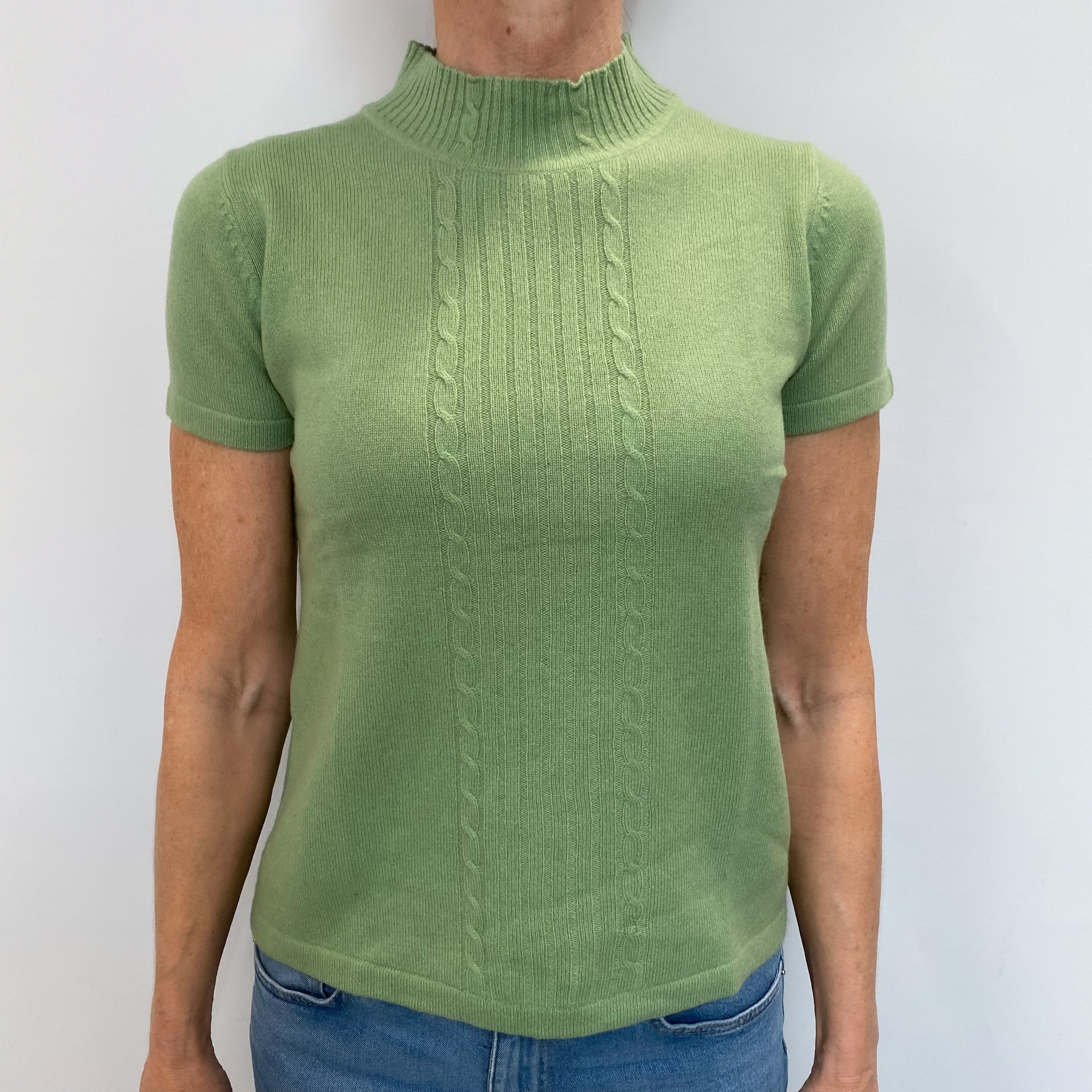 Hellebore Green Cashmere Cable Detail Short Sleeved Jumper Small