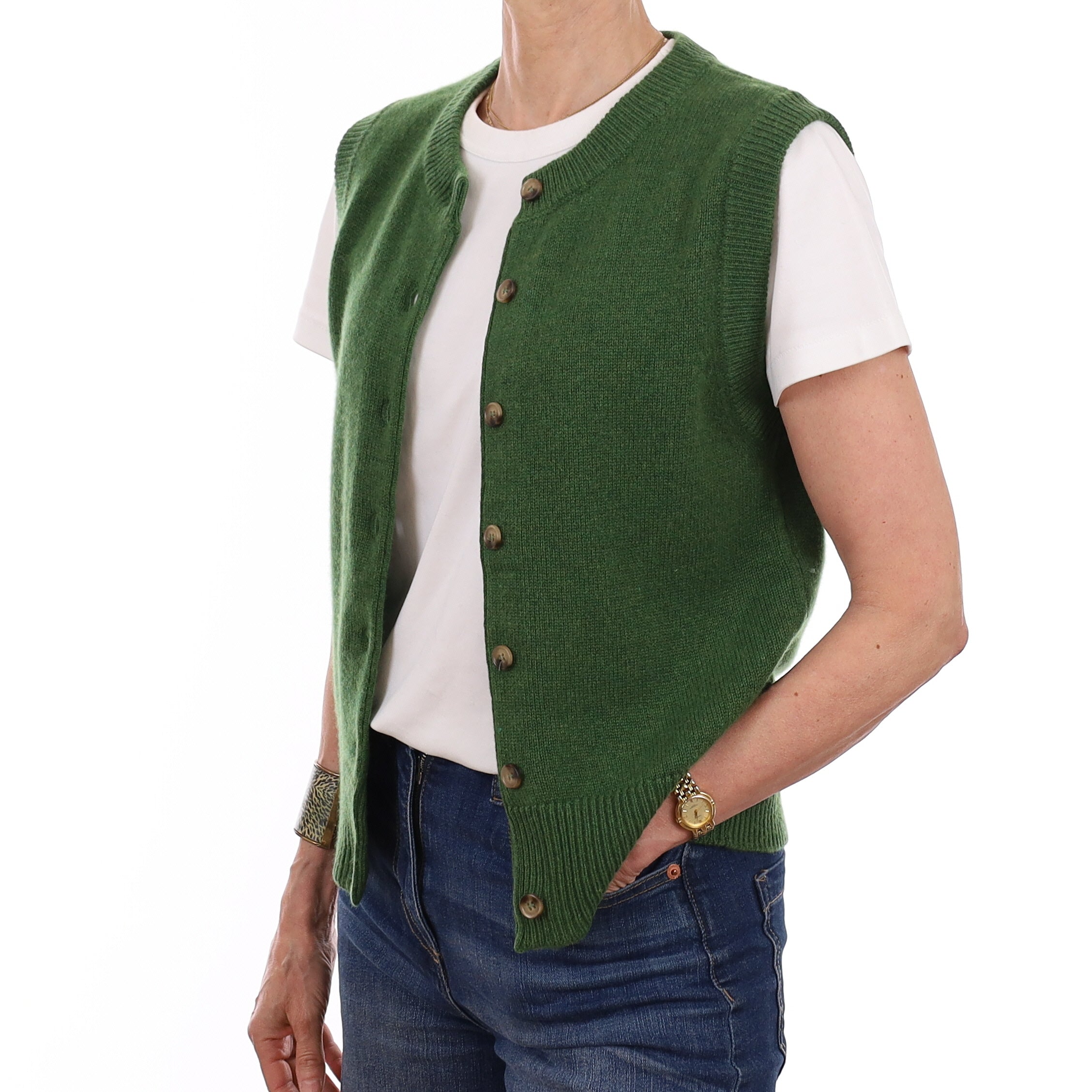 Brand New Willow Green Luxury Cashmere Crew Neck Waistcoat Extra Small UK 6-8