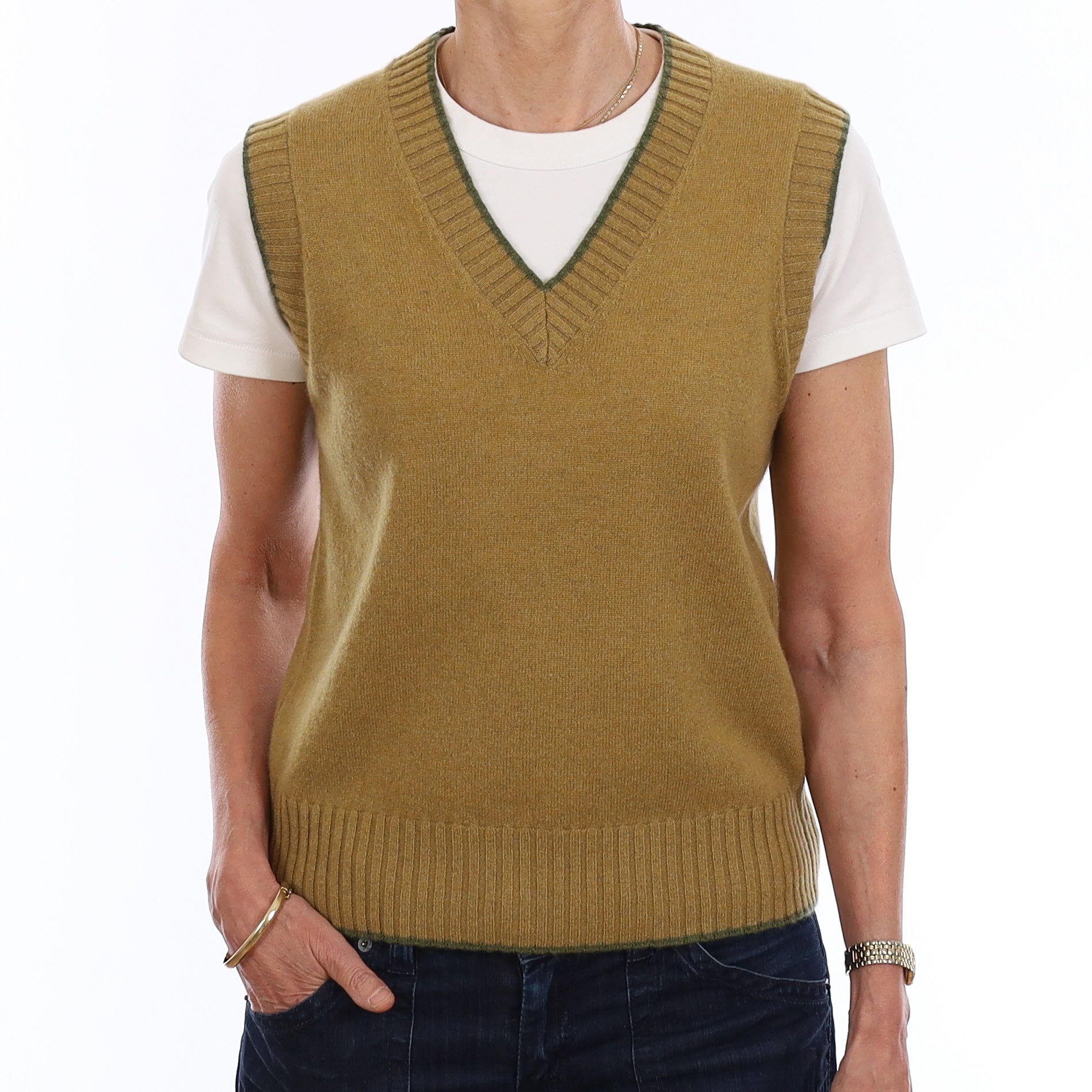 Brand New Mustard Gold and Olive Luxury Cashmere V Neck Tank Top Extra Small UK 6-8
