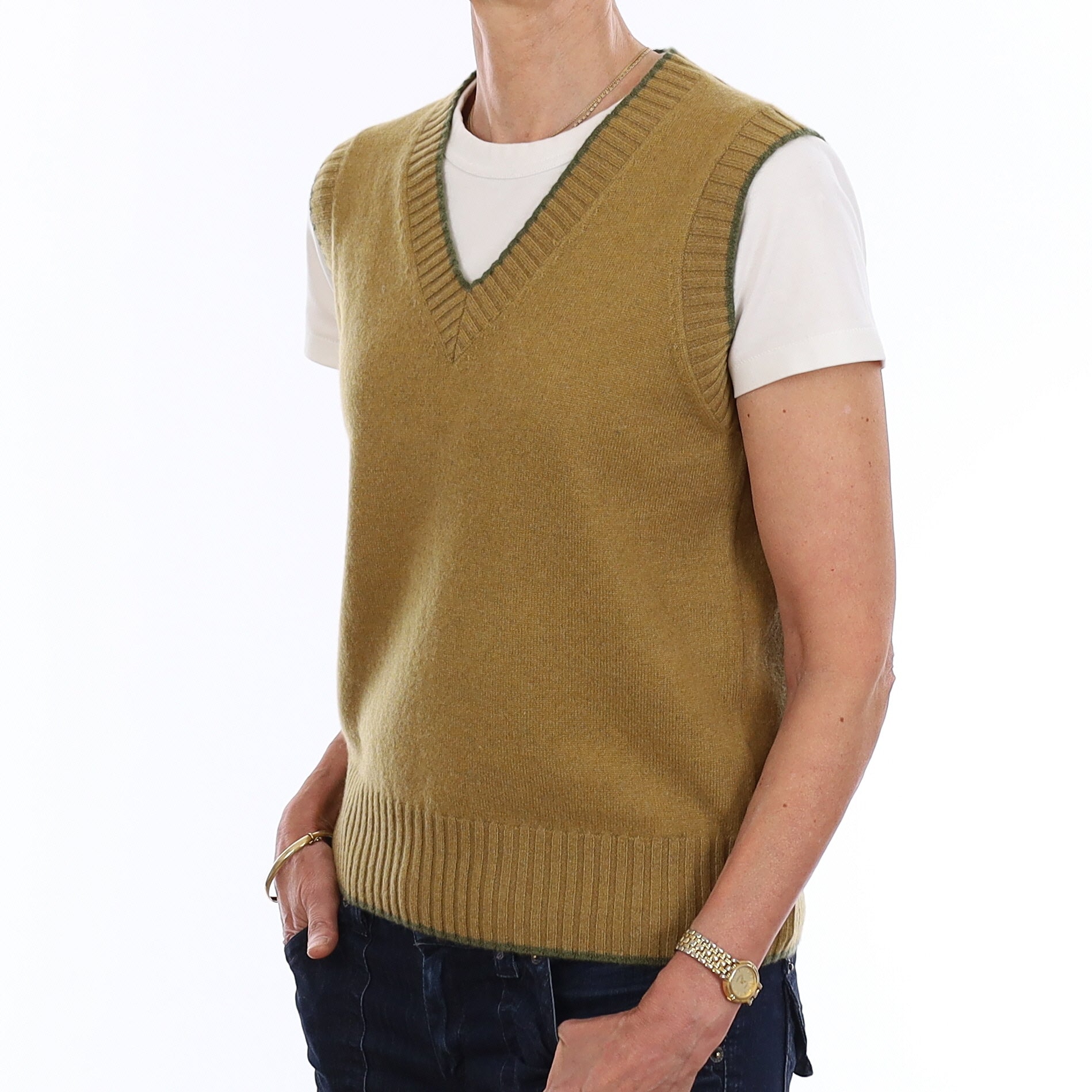 Brand New Mustard Gold and Olive Luxury Cashmere V Neck Tank Top Extra Small UK 6-8