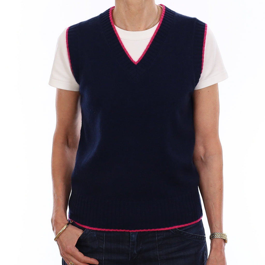Brand New Navy and Hot Pink Luxury Cashmere V Neck Tank Top Extra Small UK 6-8
