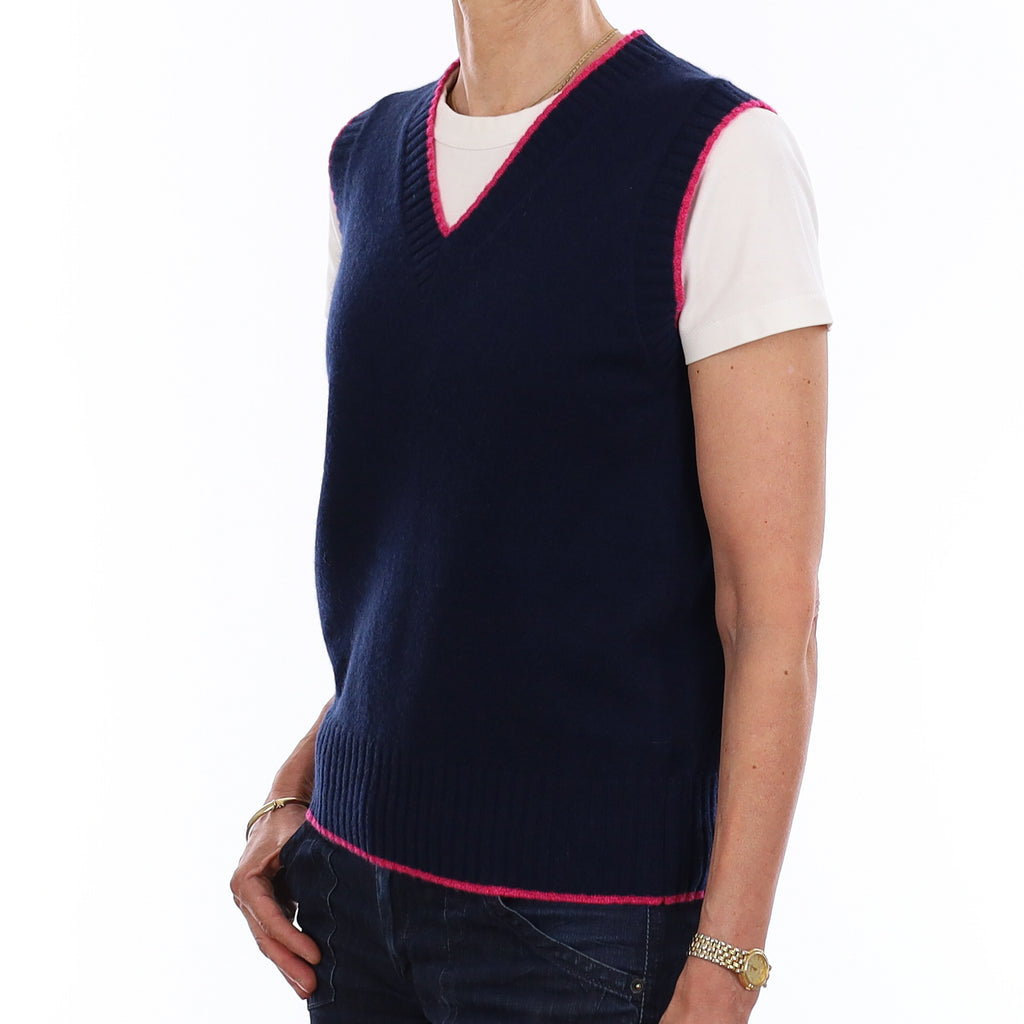 Brand New Navy and Hot Pink Luxury Cashmere V Neck Tank Top Extra Small UK 6-8