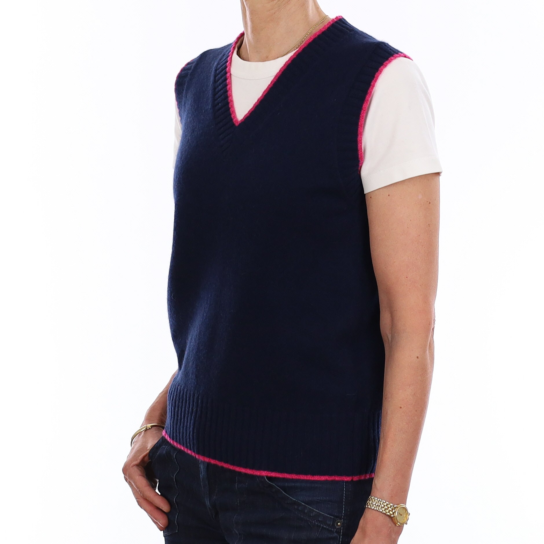 Brand New Navy and Hot Pink Luxury Cashmere V Neck Tank Top Extra Small UK 6-8