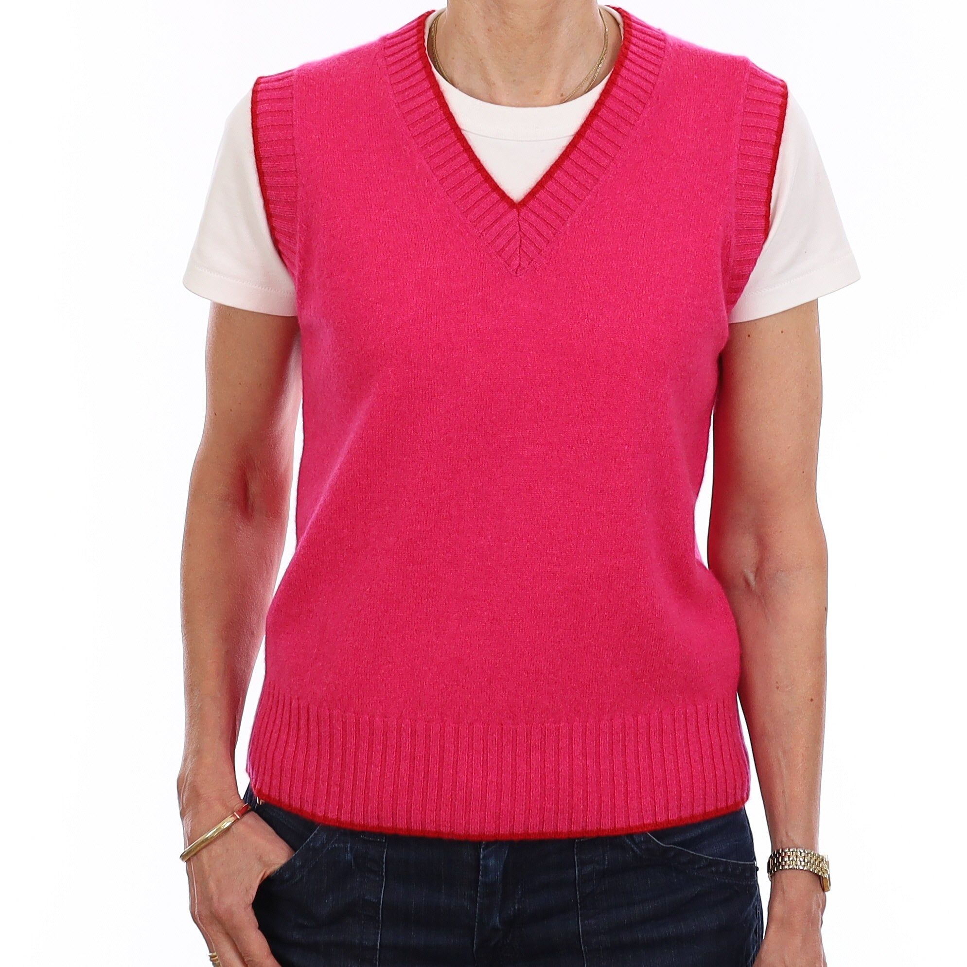 Brand New Hot Pink and Red Luxury Cashmere V Neck Tank Top Extra Small UK 6-8