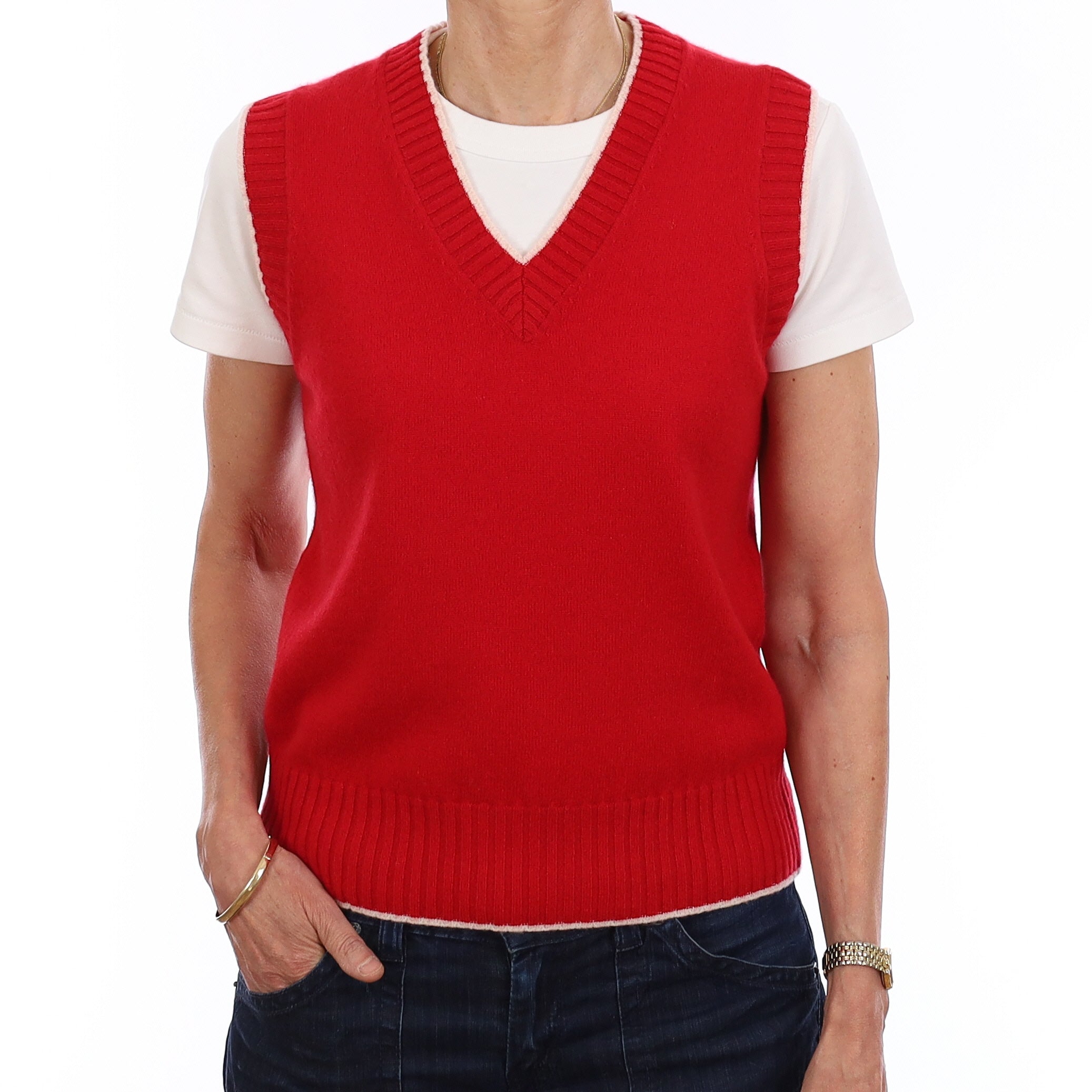 Brand New Post Box Red and Chalk Luxury Cashmere V Neck Tank Top Extra Small UK 6-8