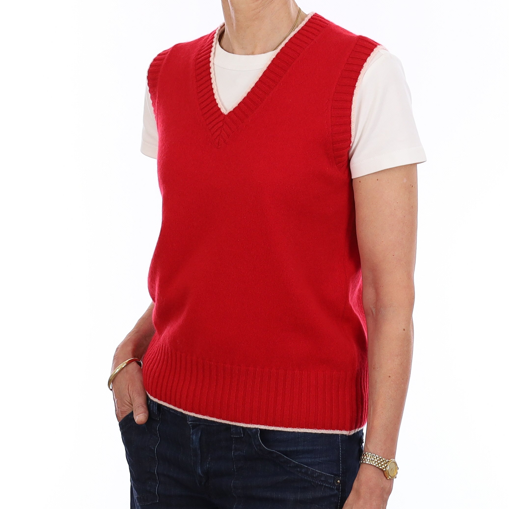 Brand New Post Box Red and Chalk Luxury Cashmere V Neck Tank Top Extra Small UK 6-8