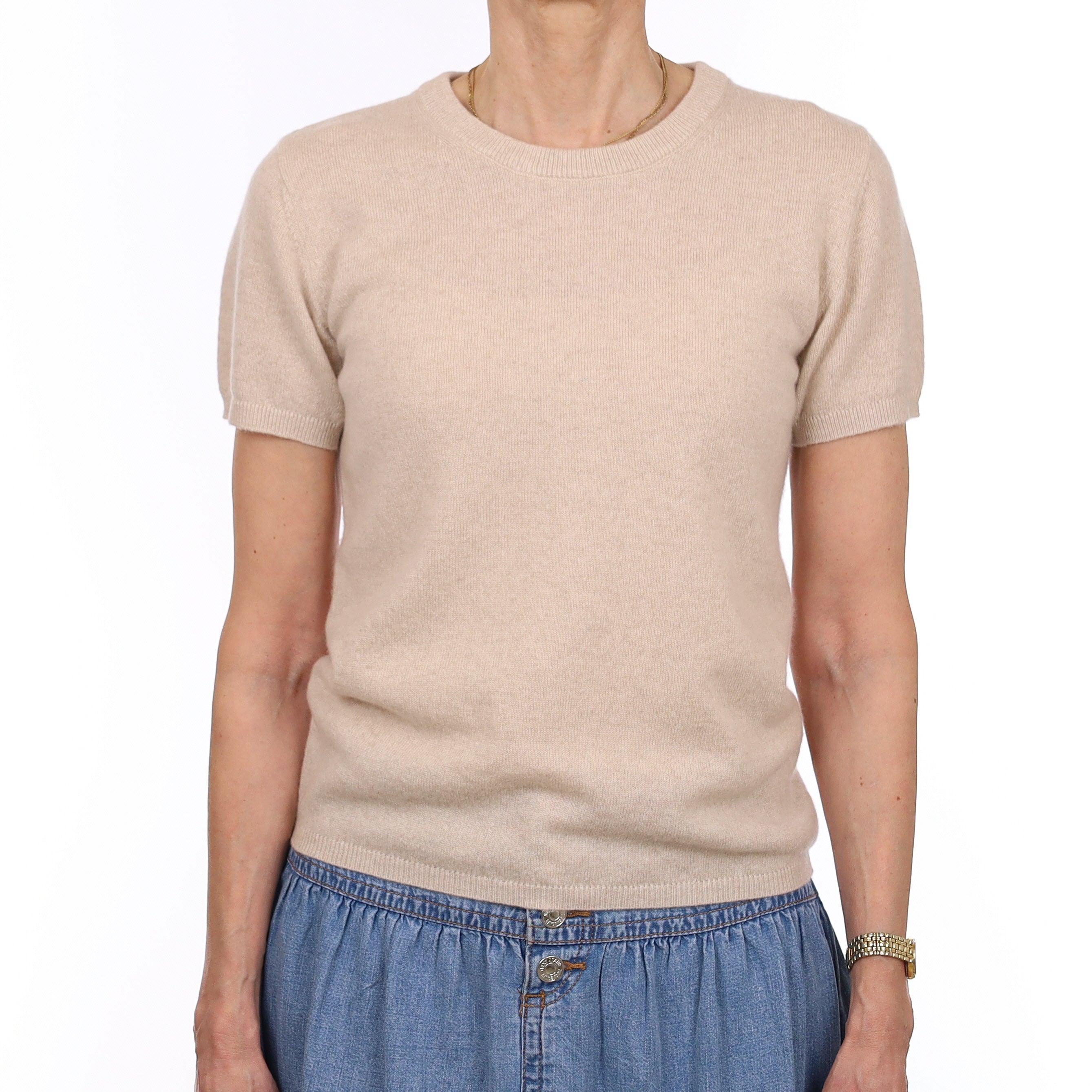 Brand New Sand Beige Cashmere Crew Neck T-Shirt Extra Small UK 6-8