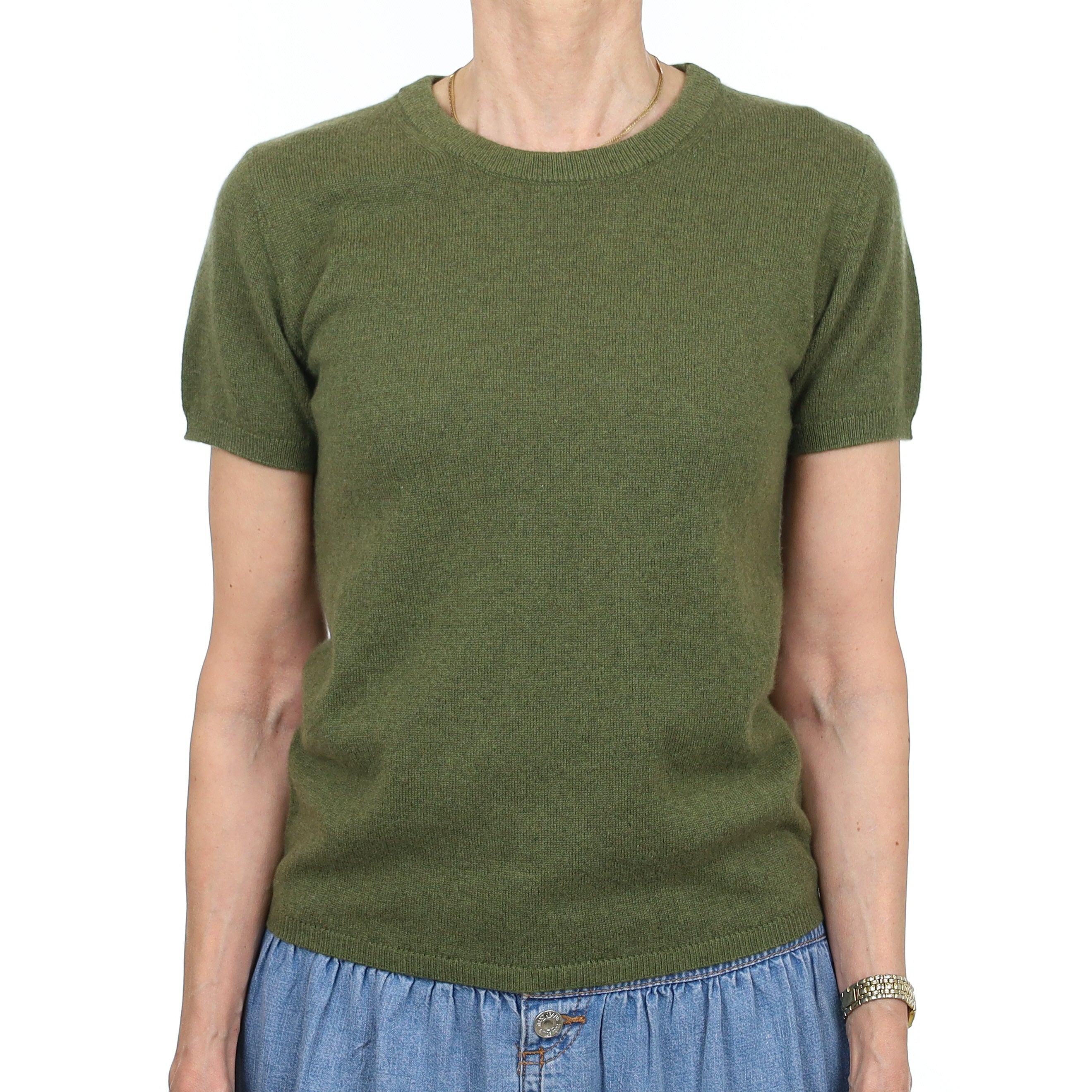 Brand New Olive Green Cashmere Crew Neck T-Shirt Extra Small UK 6-8