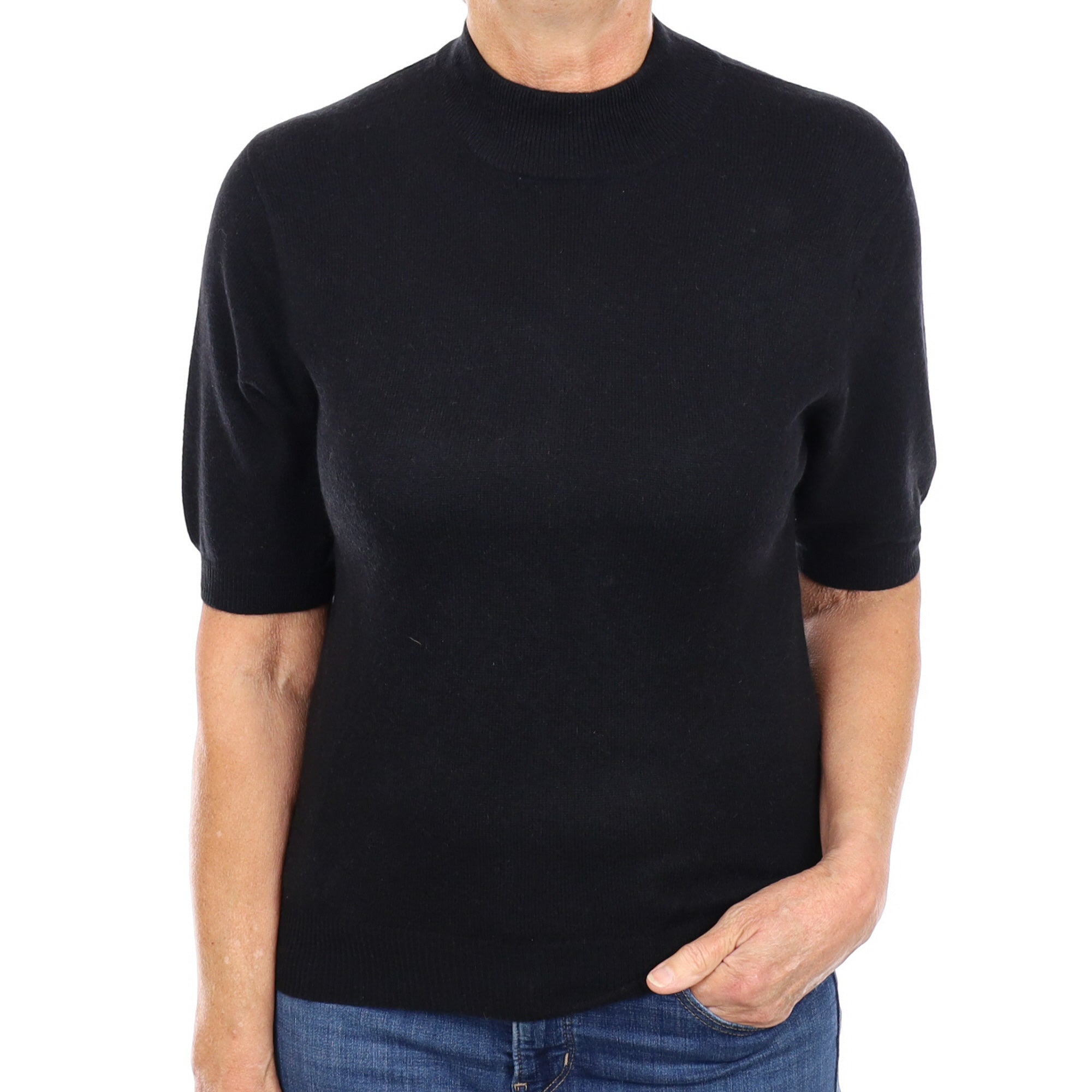Black Cashmere Short Sleeved Turtle Neck Jumper Medium