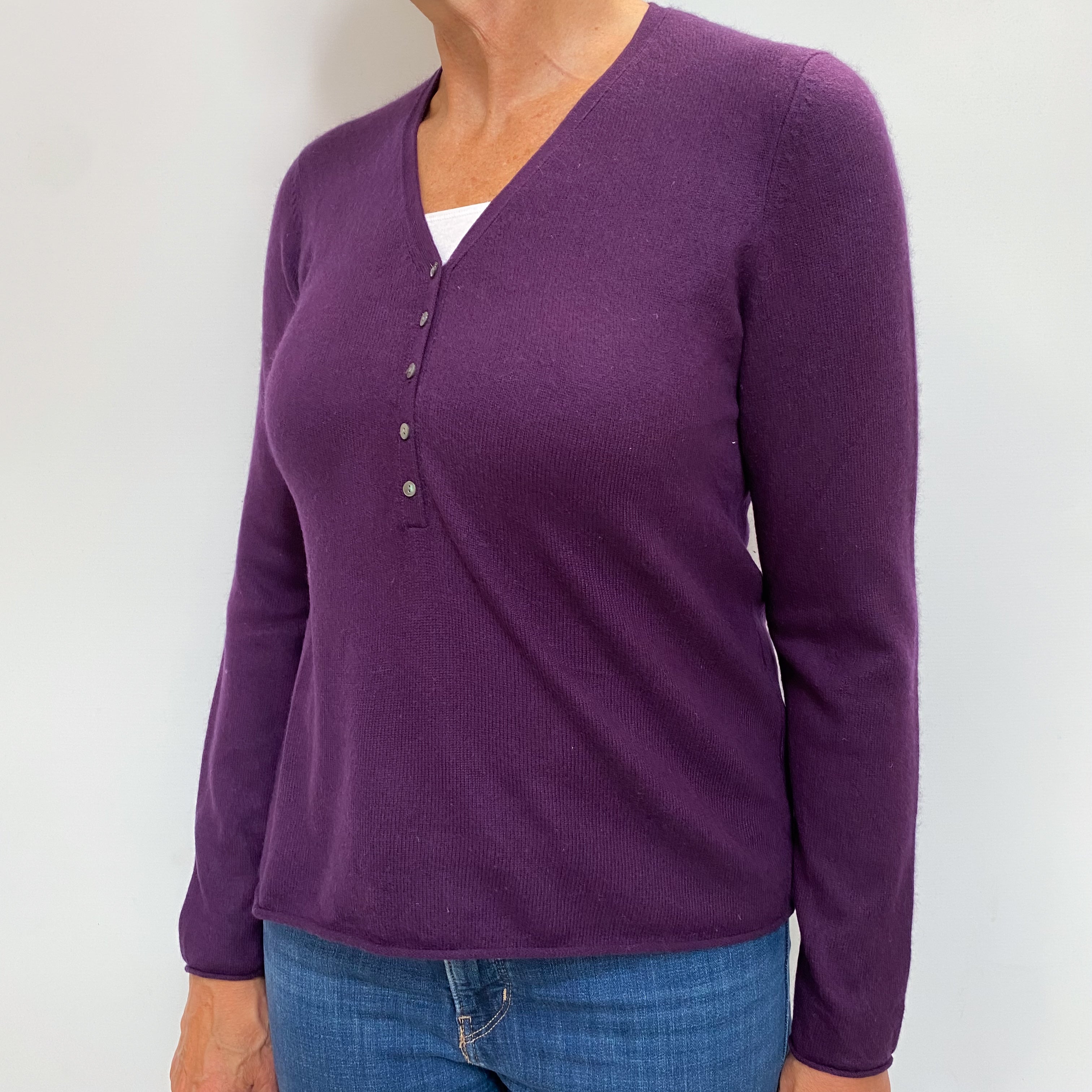 Iris Purple Cashmere Button Up V Neck Jumper Medium