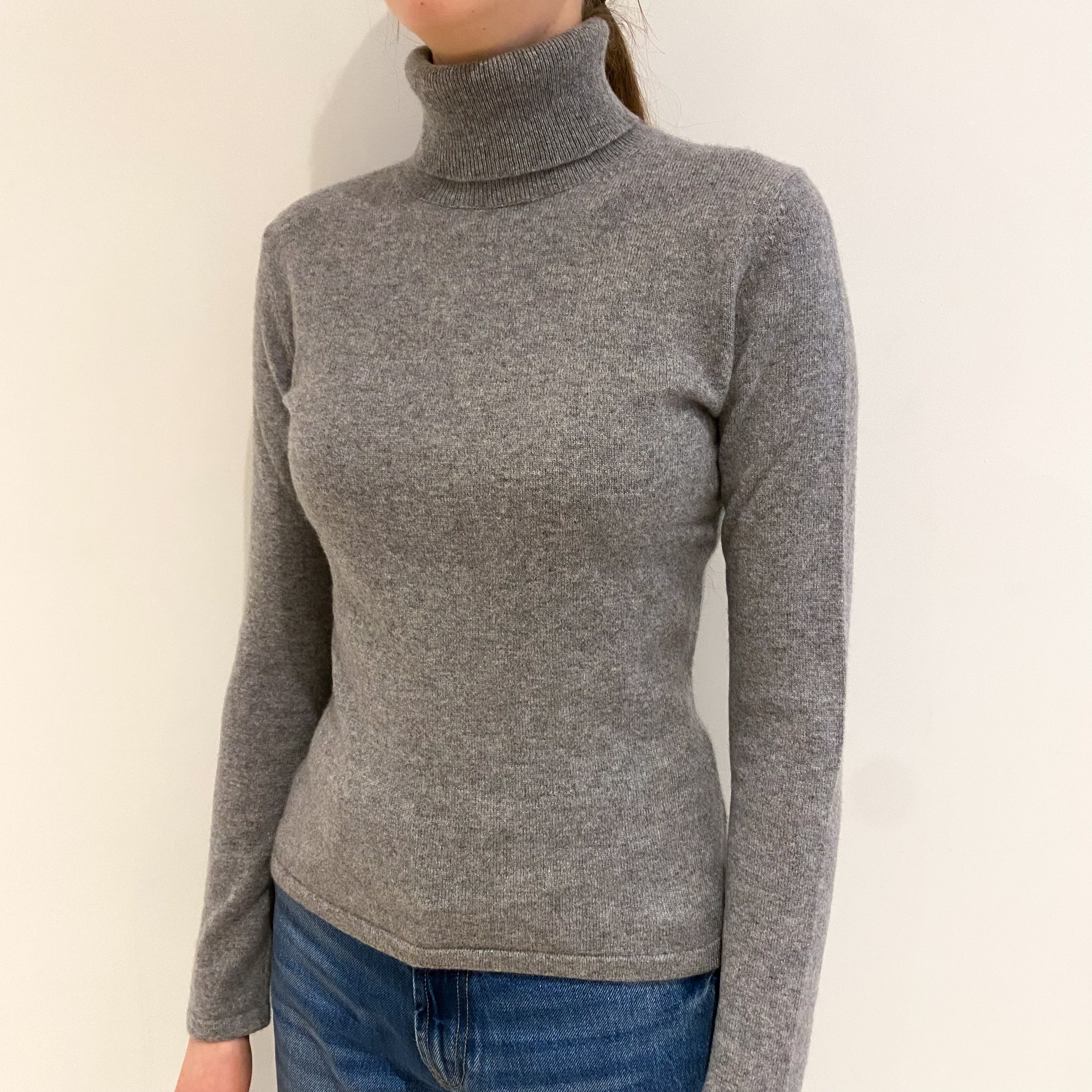 Ash Grey Cashmere Polo Neck Jumper Extra Small