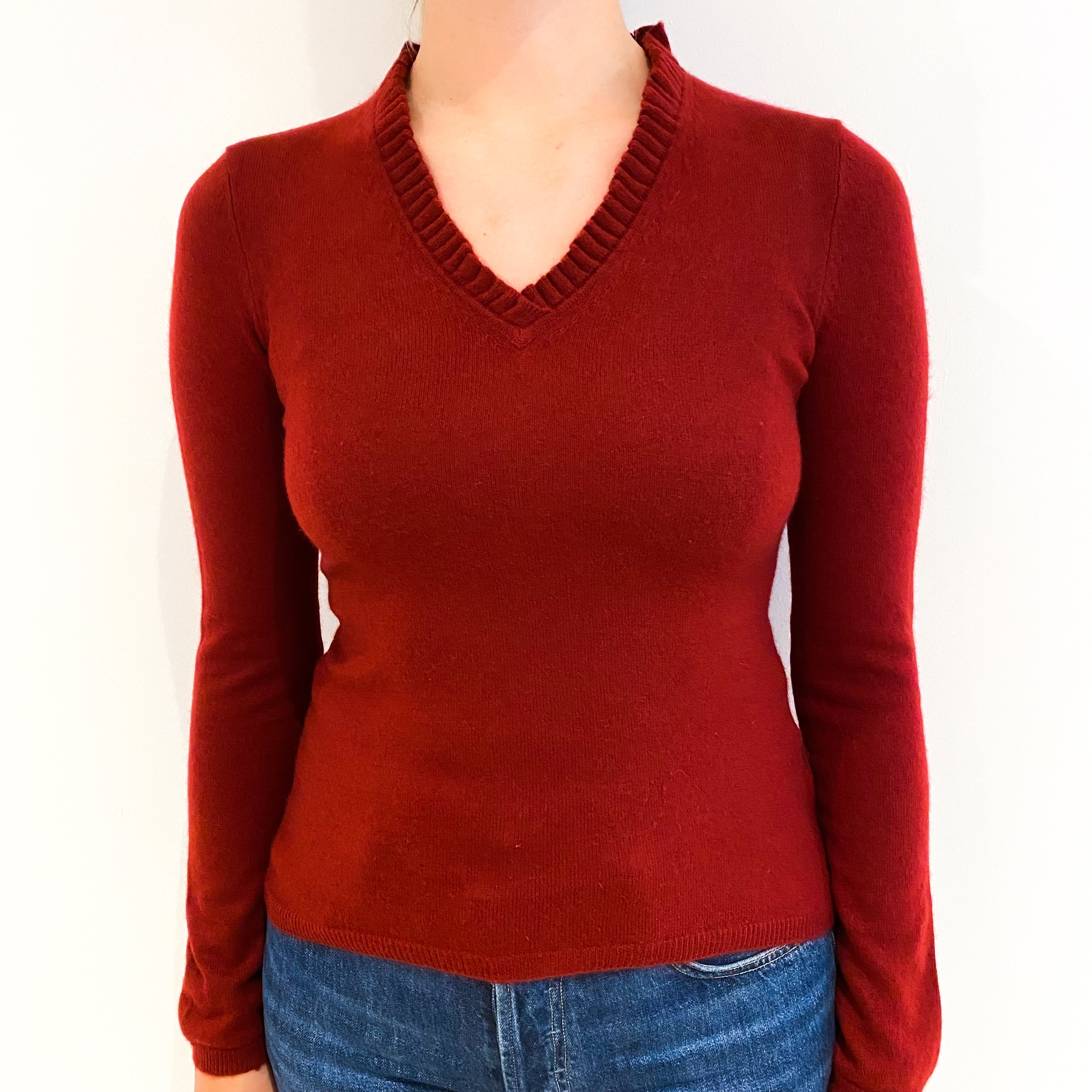 Burgundy Red Cashmere V-Neck Jumper Small