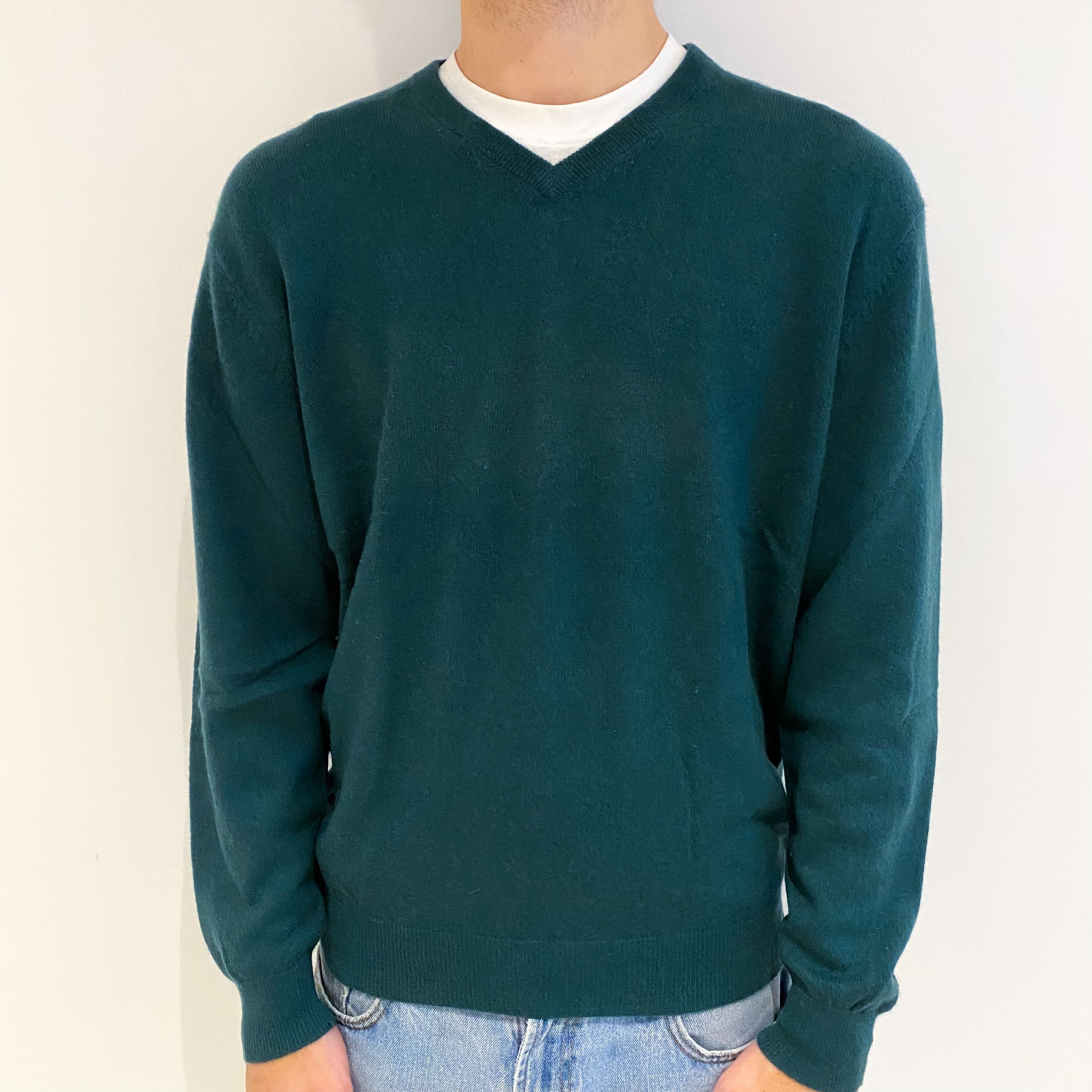 Men's Spruce Green Cashmere V Neck Jumper Large