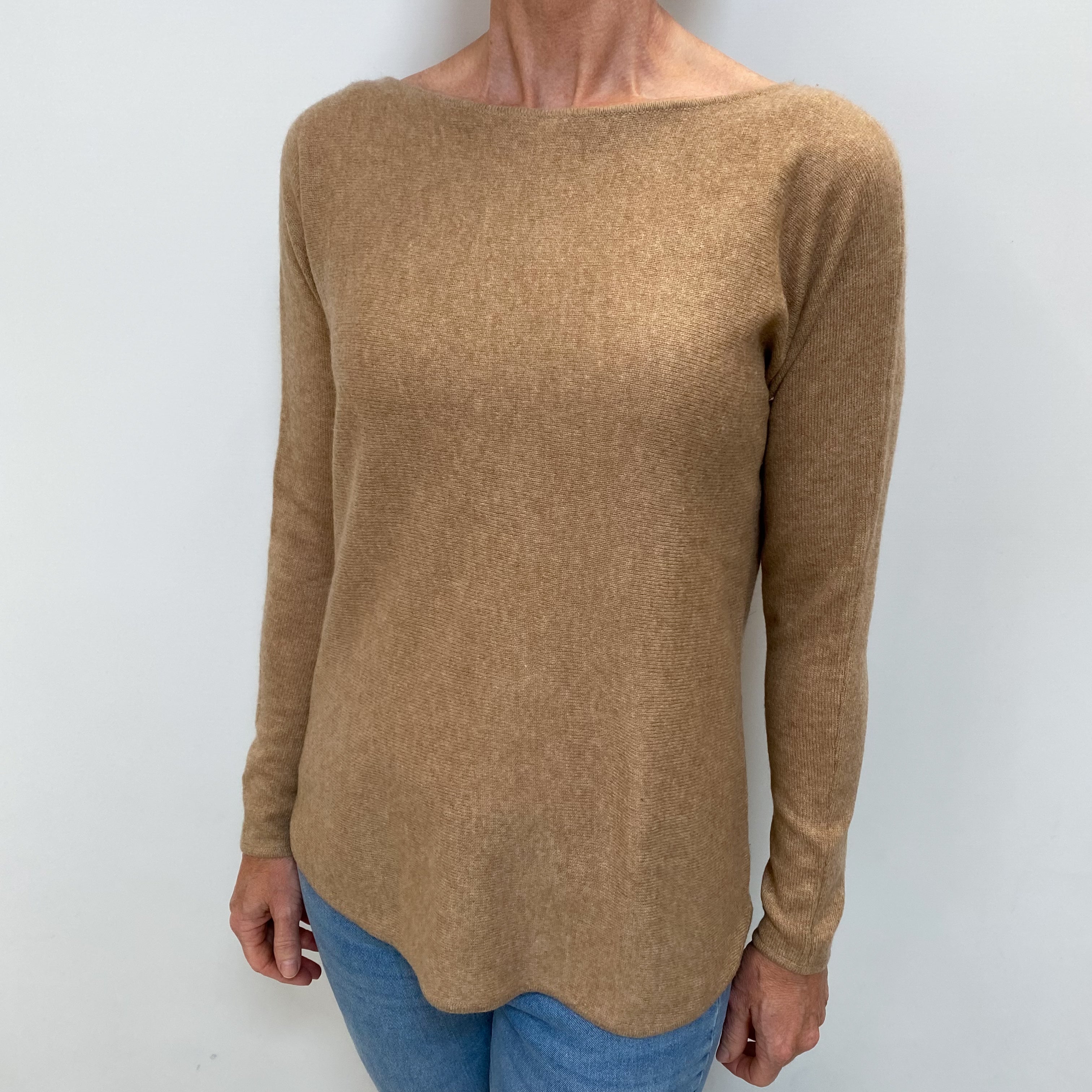 Caramel Brown Cashmere Batwing Slash Neck Jumper Small