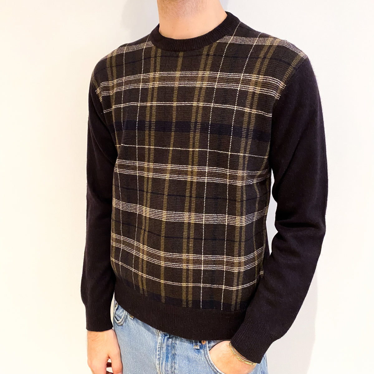 Men's Dark Brown Checked Cashmere Crew Neck Jumper Large