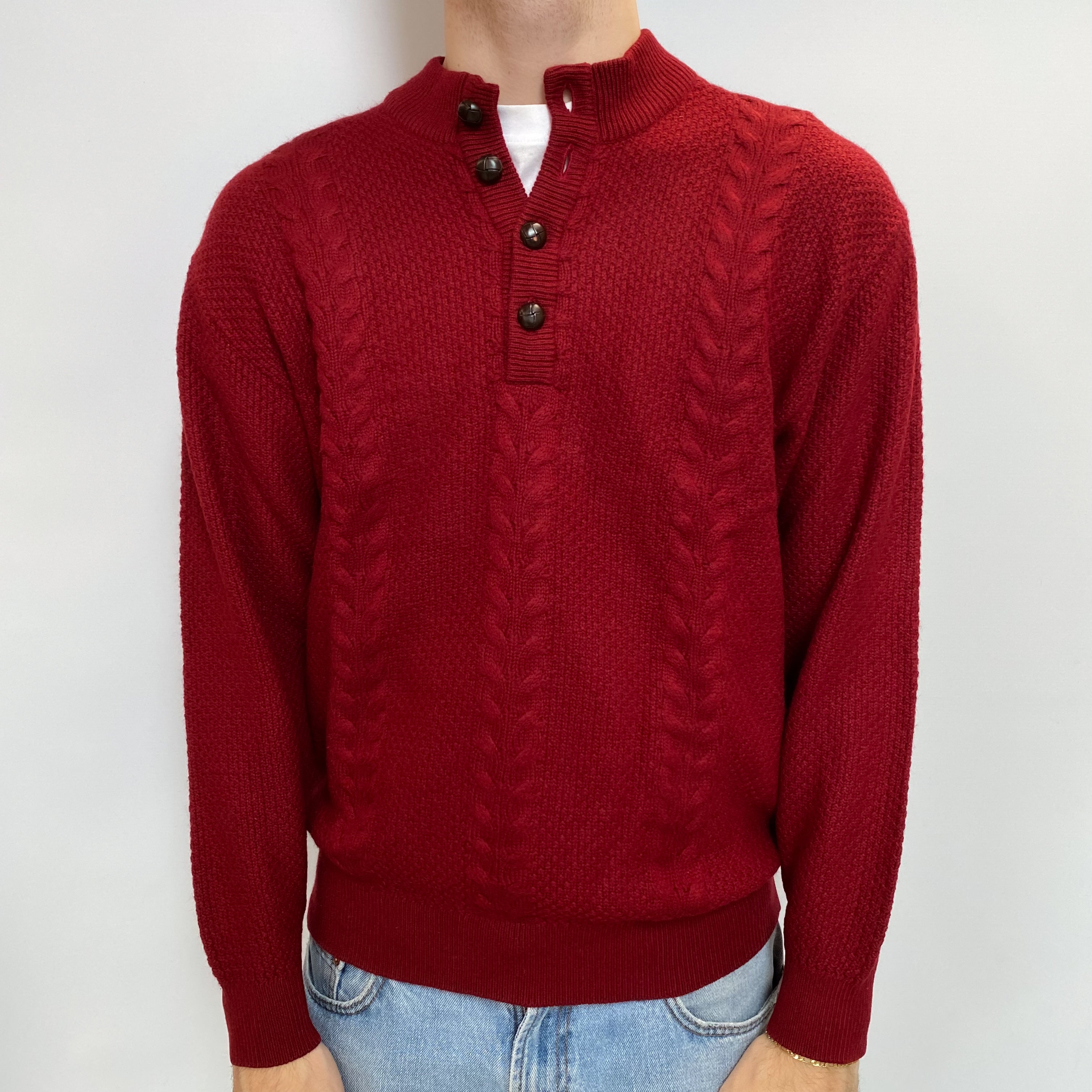 Men's Brick Red Cashmere 1/4 Buttoned Turtle Neck Jumper Large