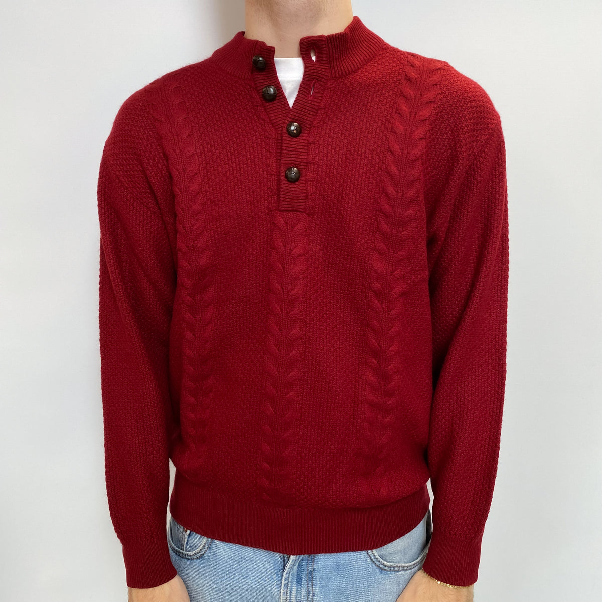 Men's Brick Red Cashmere 1/4 Buttoned Turtle Neck Jumper Large