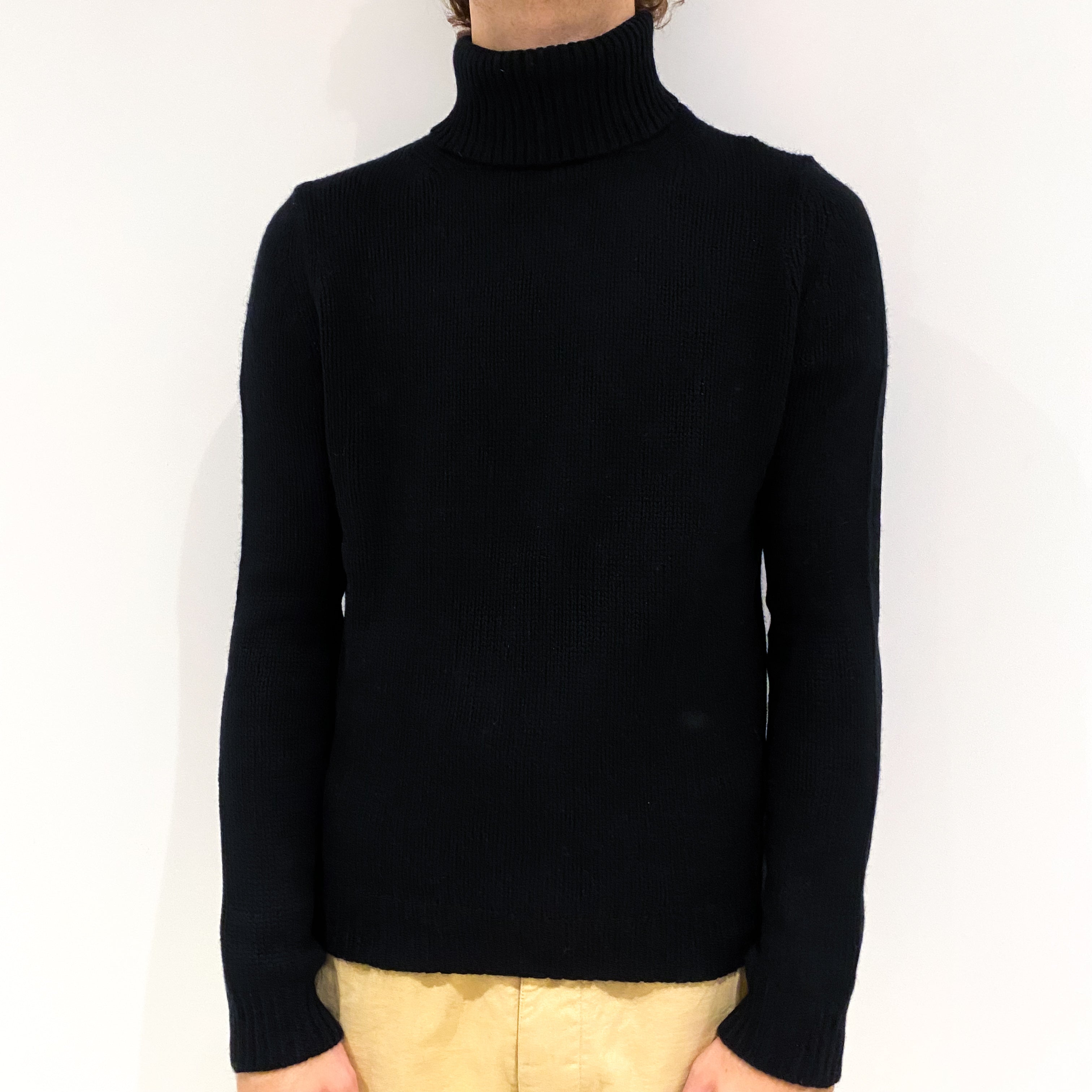 Men's Black Chunky Cashmere Polo Neck Jumper Large